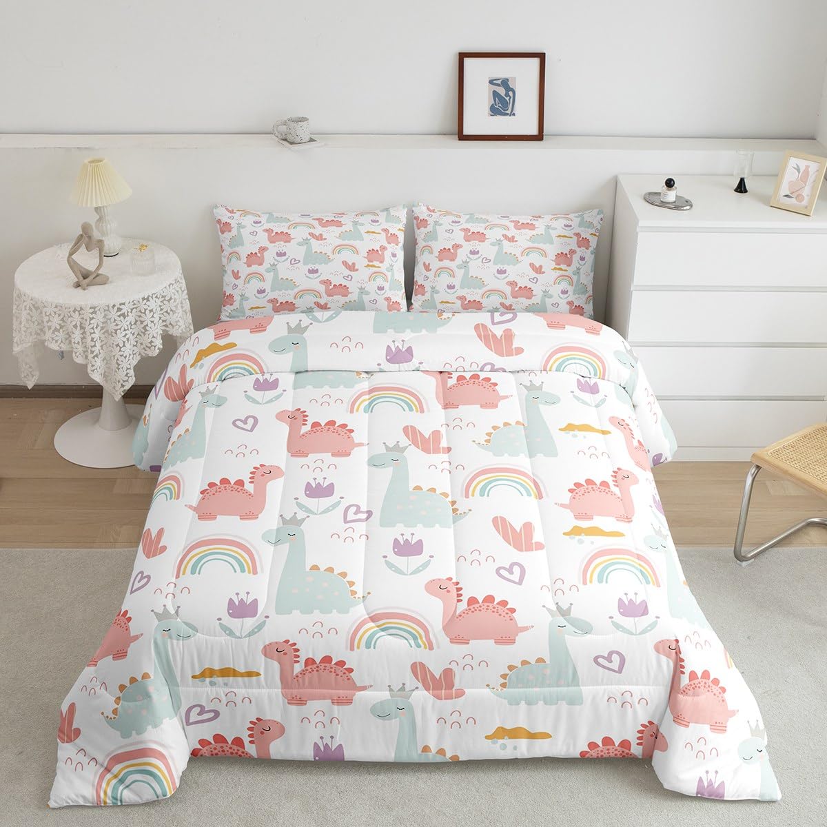 Feelyou Cartoon Dino Comforter Set Toddler, Pink Green Dinosaur Comforter Cute Jungle Dino Comforter Set for Kids Boys Girls Cute Rainbow Duvet Set Microfiber Quilt Set
