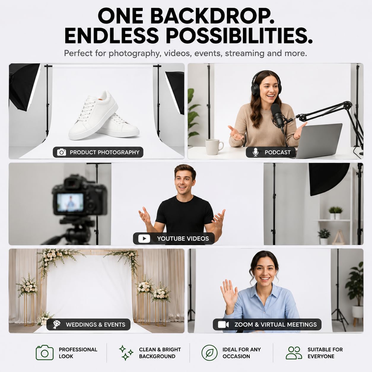 Boltove® 6x9 Ft White Photography Backdrop with Rod Pocket | Wrinkle-Resistant Polyester Background for Photo Studio, Video Production, YouTube, Product Photography & Events | Stand Not Included 3