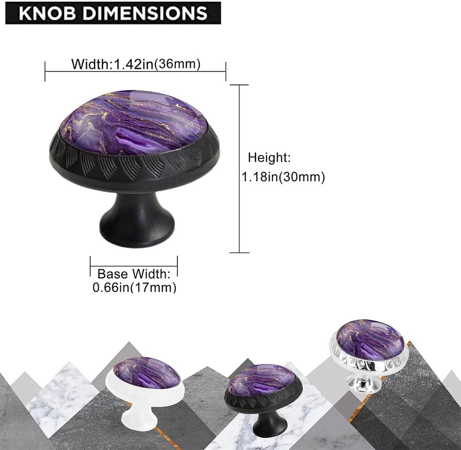 6 Pack Black & Purple Marble Cabinet Knobs, Crystal Glass Dresser Knobs for Kitchen & Bathroom Hardware