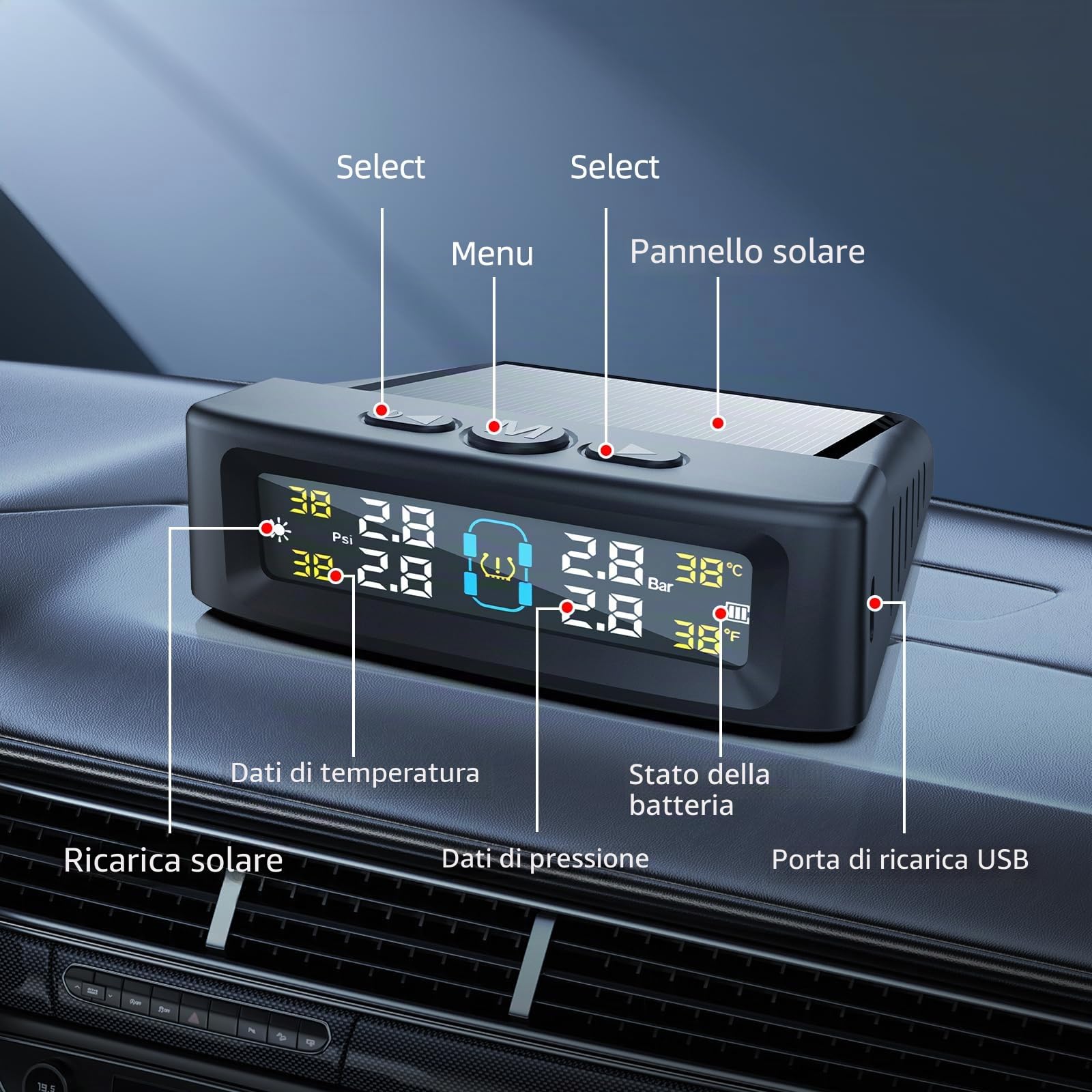KAOLALI Sistema di monitoraggio della pressione dei pneumatici TPMS, monitoraggio della pressione dei pneumatici solare senza fili con 4 sensori esterni, visualizzazione in tempo reale della