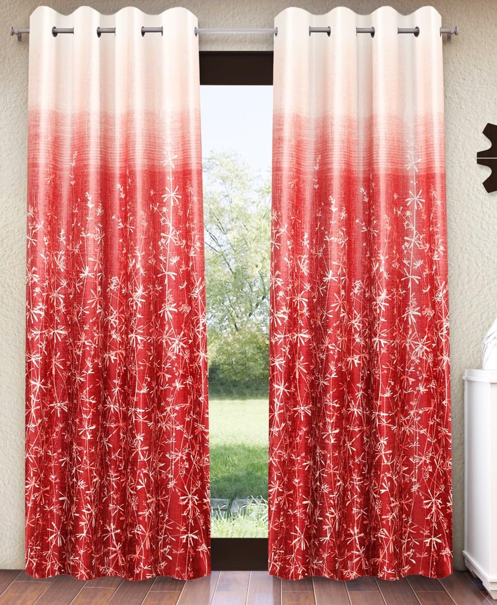 Ombre Floral Door Curtains - Red & Beige -1