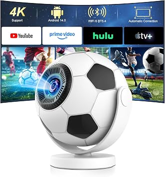 Mini Projector, Portable Projector with WiFi 6 Bluetooth 5.4,180  Rotatable,Built-in Apps,Short Throw Projectors 4K&8K Support,Auto Keystone,Football-Shaped Movie Projector for Bedroom-Black&White