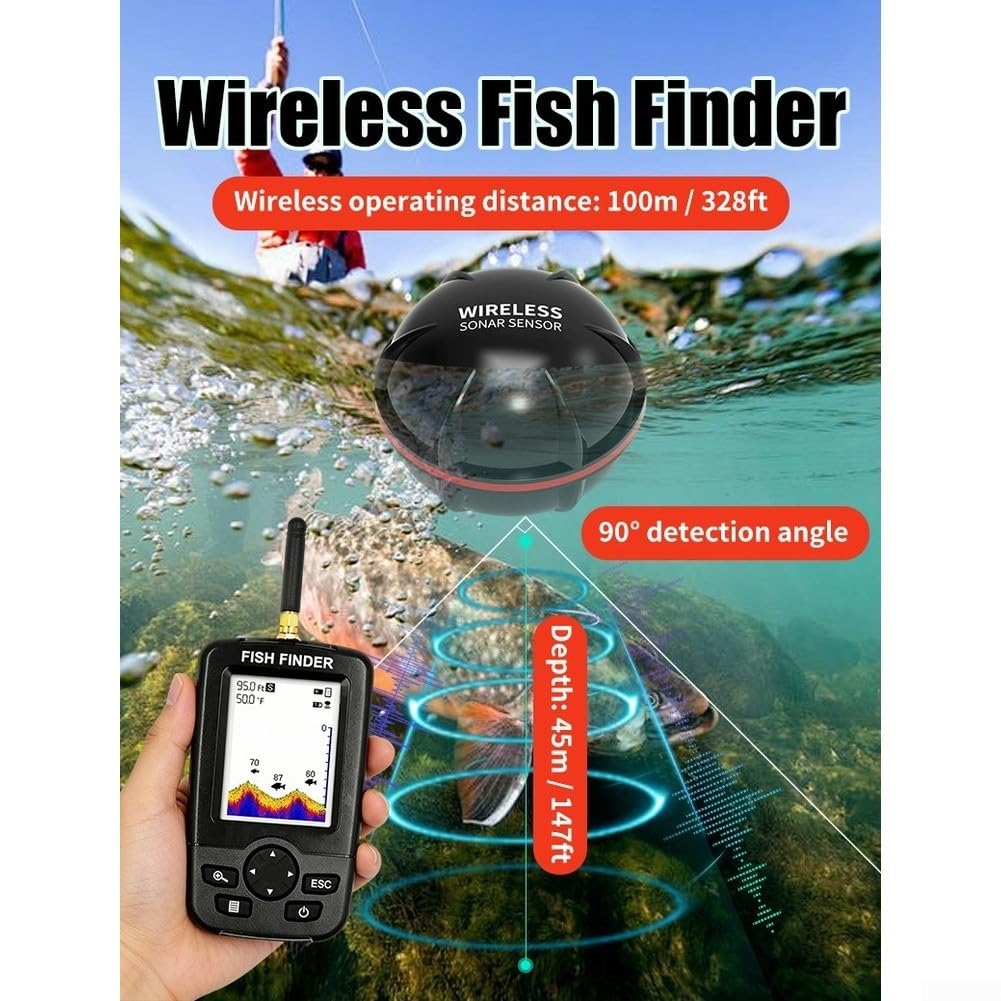 Smart Sonar Fish Finder Funkcja automatycznego włączania i wyłączania | Zasięg bezprzewodowy 100 m, szeroki skanowanie 90°, wykrywa ryby i teren, idealny do dużych jezior, obszarów przybrzeżnych