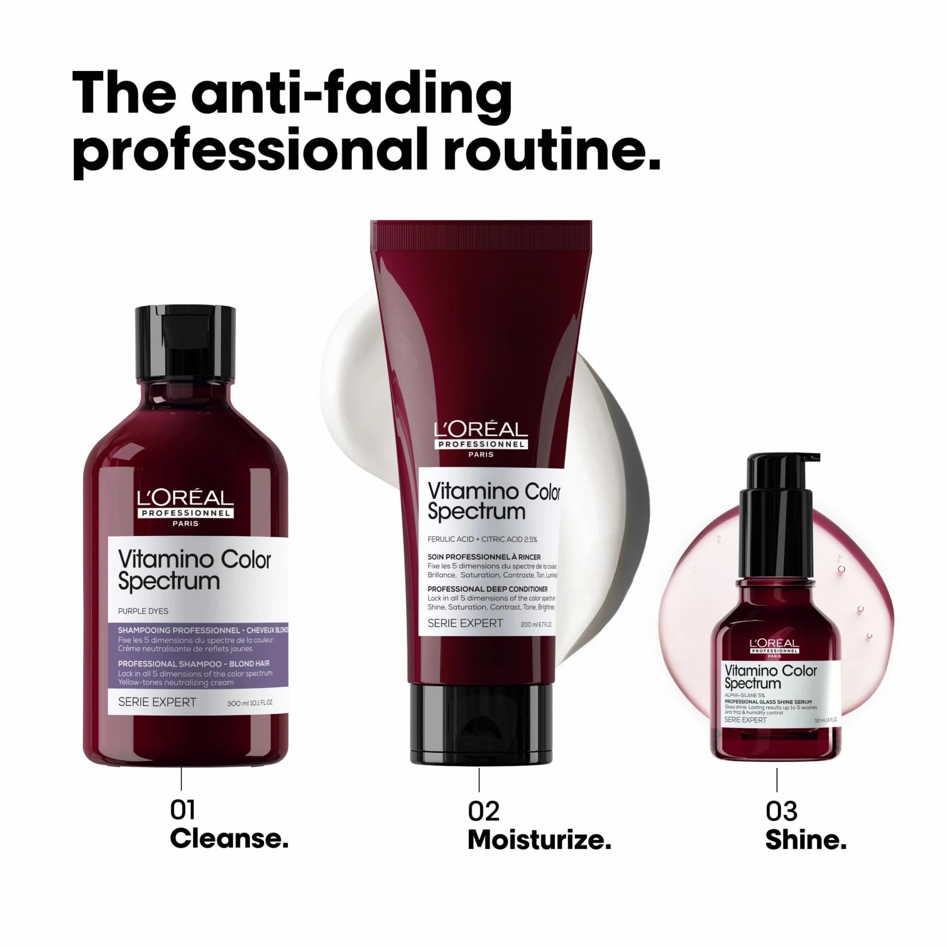Champú L'Oréal Professionnel para brillo de color con efecto de cristal en cabellos teñidos, neutraliza el amarillez, serie Expert, Vitamino Color Spectrum Purple Dyes Neutralizing, 2 x 300 ml