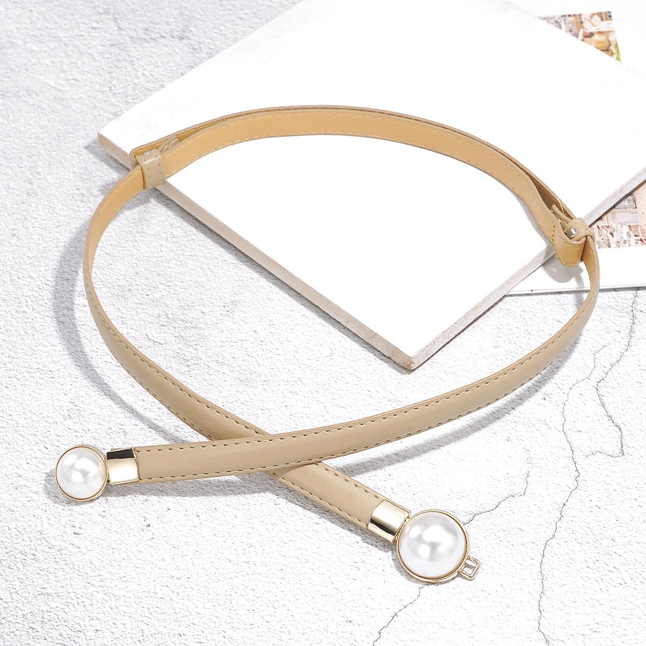 Skinny Belts for Women Thin PU Leather Waist Belt Pearl Buckle Belt for Dresses - Image 7