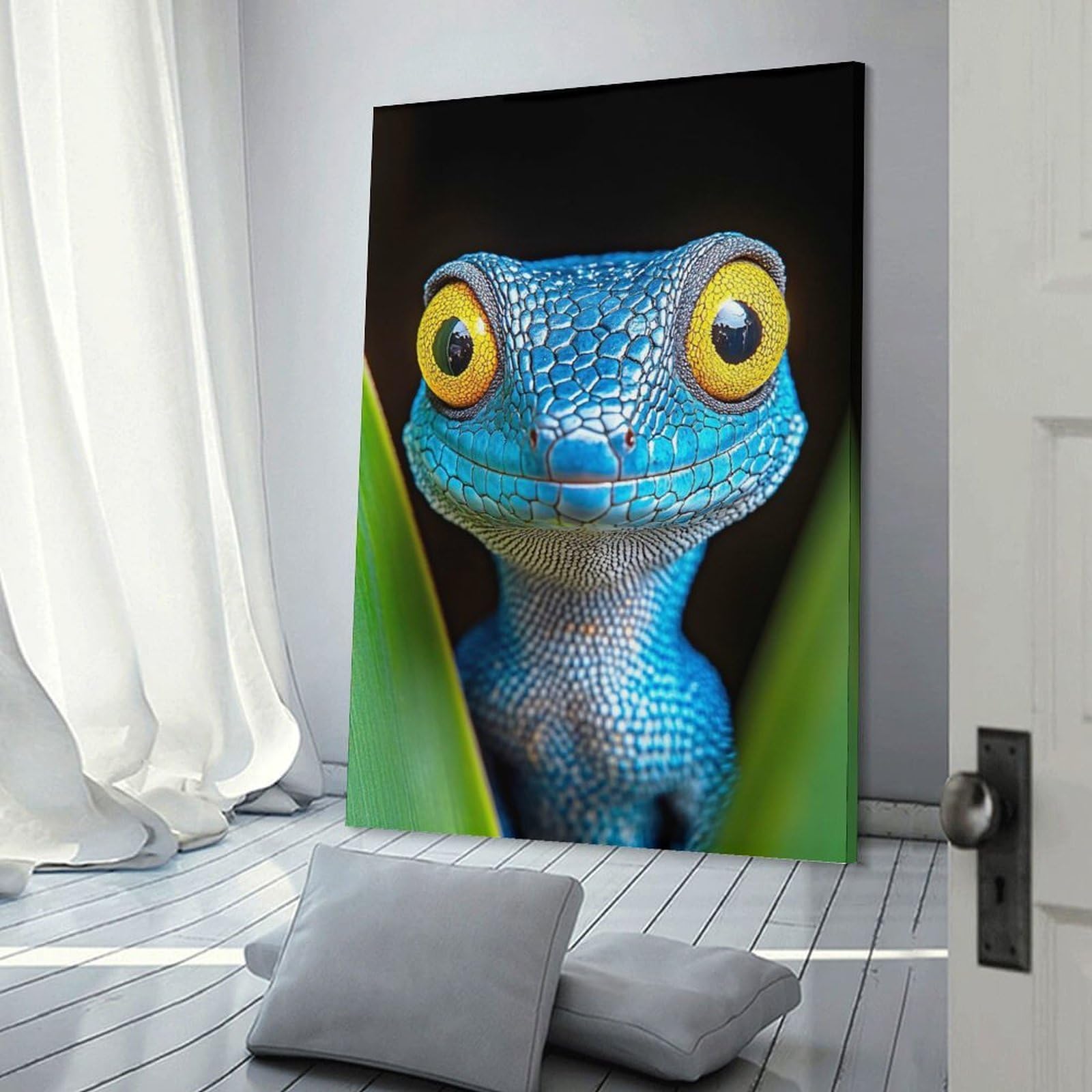 Junmoney Frame-Style-19 Decorative Wall Artwork Blue Lizard With Yellow Eyes, 16X24inch(40X60cm), For Sofa Walls, Lounge Or Home Corners, Modern Wall Decor For Cosy Interiors