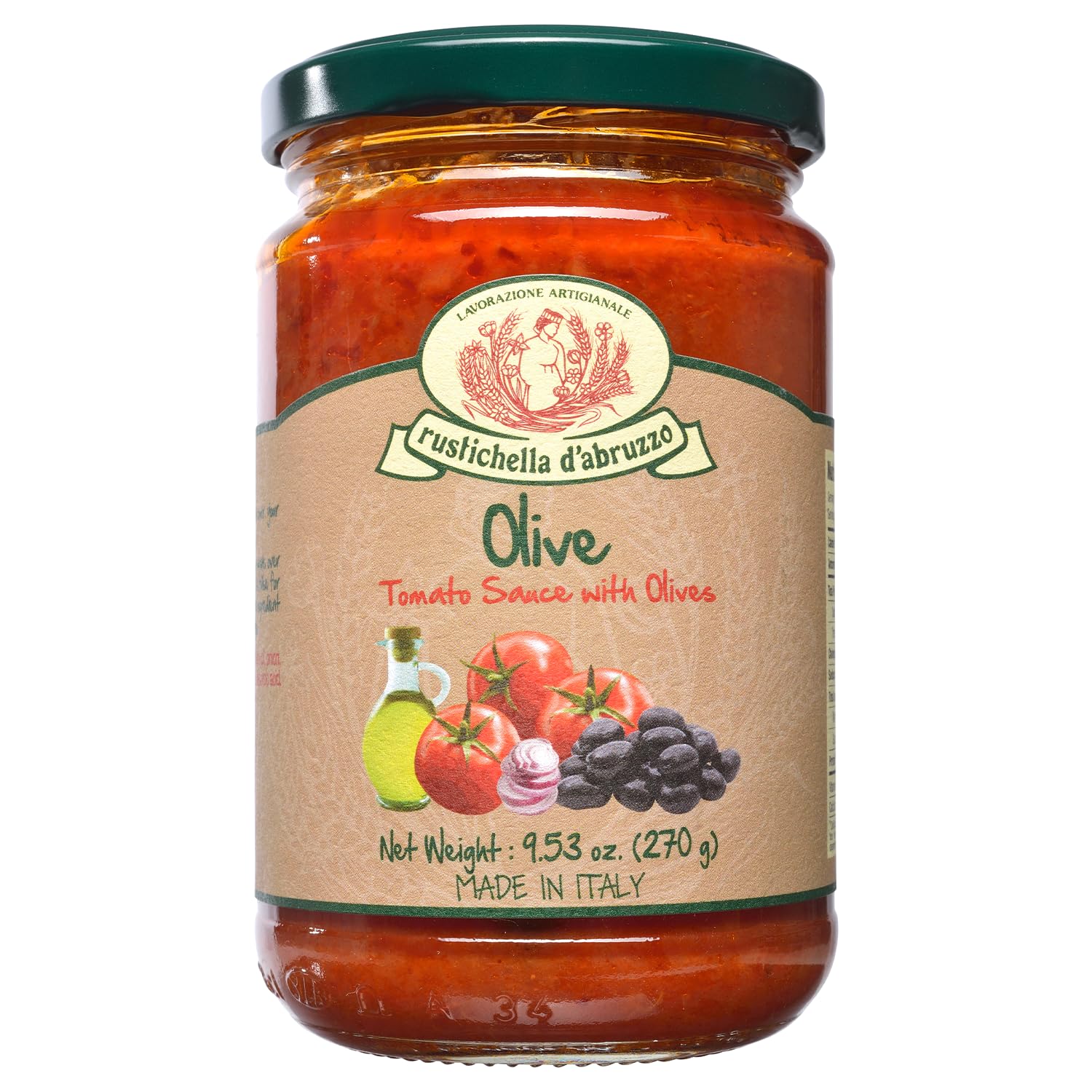 Rustichella d'AbruzzoOlive Pasta Sauce | Authentic Italian Recipe | Tomato Sauce with Leccino Olives | Perfect for Pasta, Pizza, Spaghetti and More | Ready to Use | Made in Italy | (9.53 Fl Oz/ 270g)
