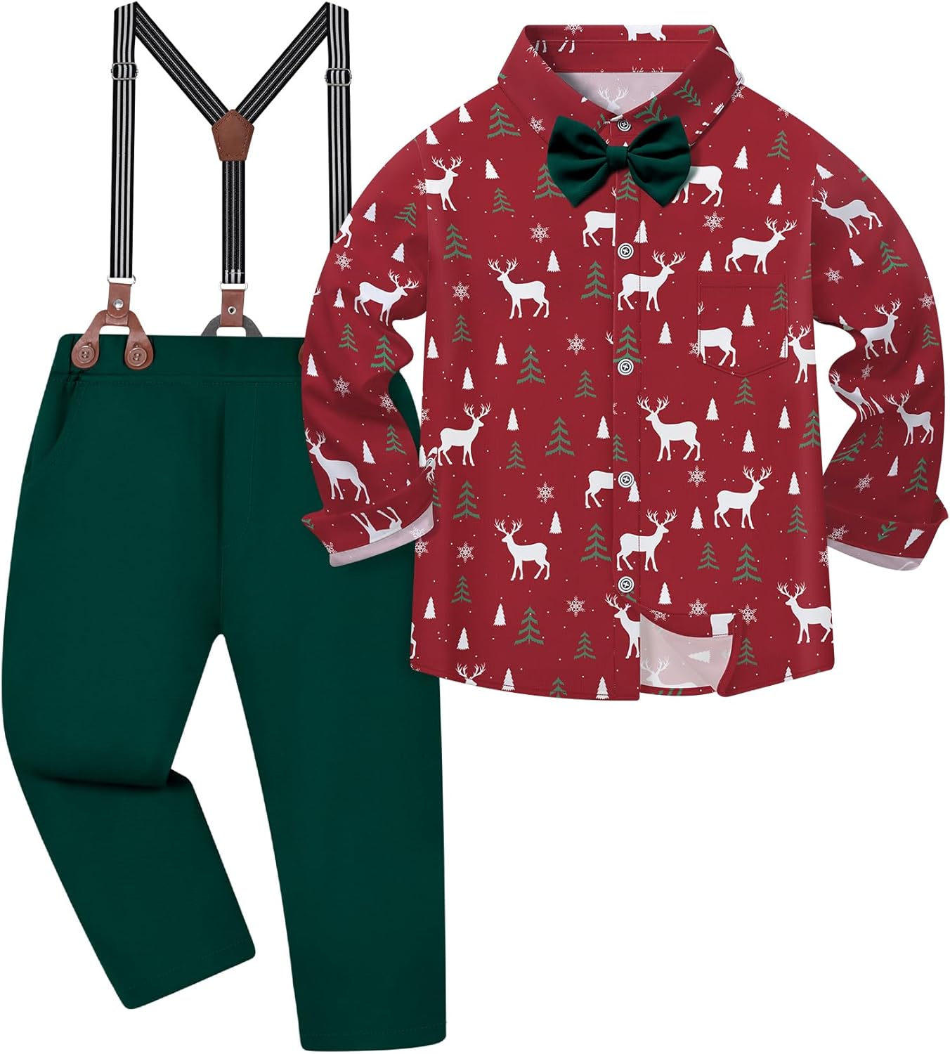 DISAUR Boys Christmas Outfit 3 Piece Dress Shirt with Bowtie and Suspender Pants Formal Wedding Ring Bearer Clothes 4-12Y