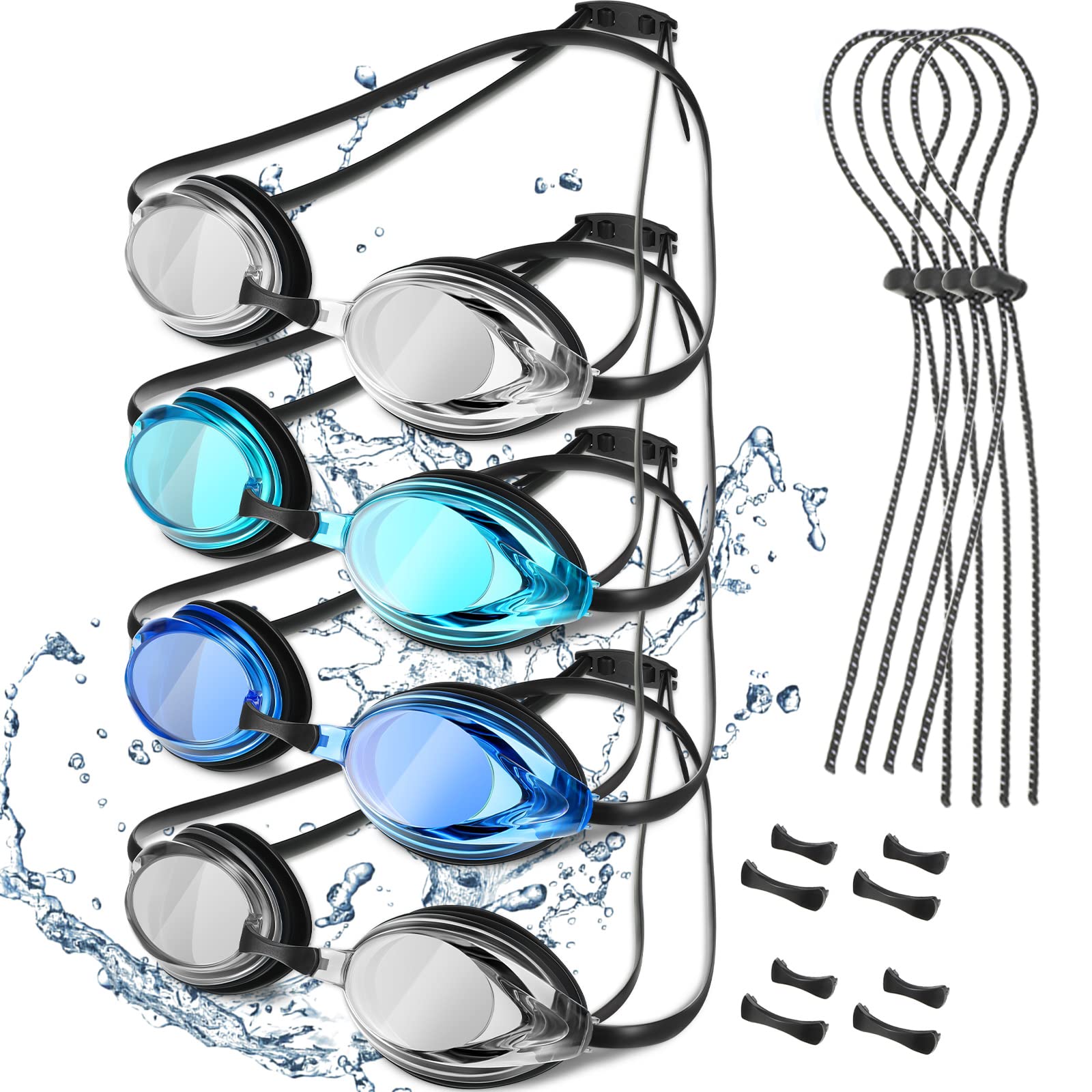 Umigy 4 Pair Adult Swimming Goggles for Men Women Anti Fog Racing Competitive Swimming Goggles No Leaking Swimming Goggles with Adjustable Goggle Bungee Strap and Nosepieces Youth, 4 Colors