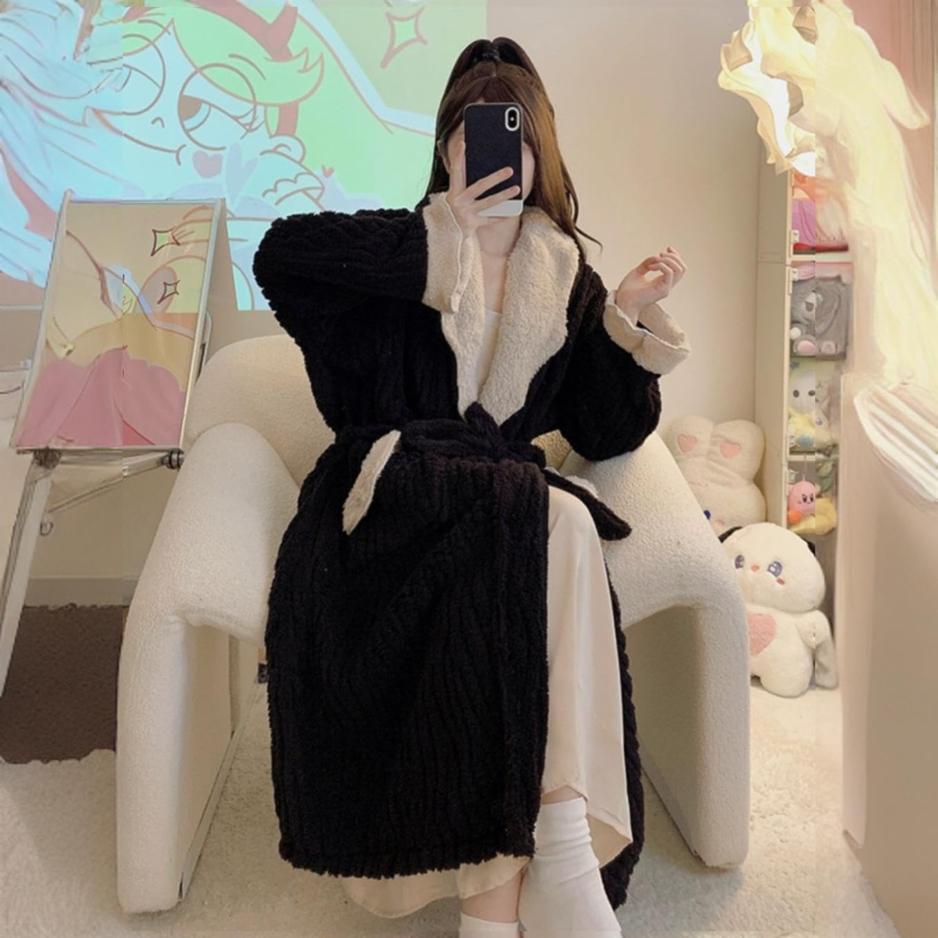 Women's Fleece Robe, Warm Sherpa Collar Bathrobe with Pants, Cozy Winter Loungewear, Black