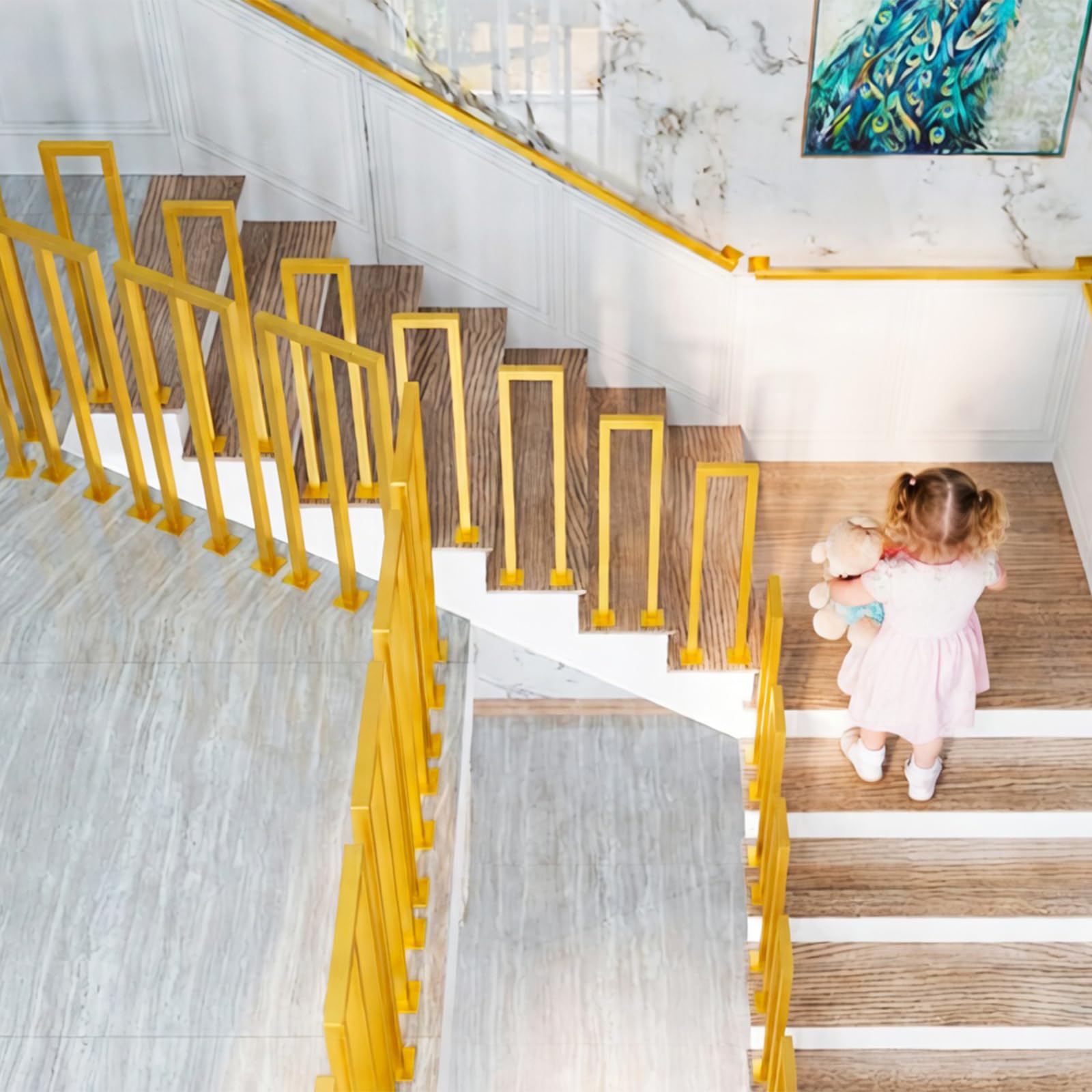 Banister Handrail, Stair Handrail Railing Indoor & Outdoor, Hand Rail U Shape for Loft, U-Shaped Handrail Stainless Steel Handraill, Protect The Safety of The People.【Gold,Right Angle,90cm】