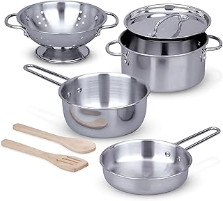 Melissa &amp; Doug Stainless Steel Pots &amp; Pans, 8 Piece Play Kitchen Set, Premium Play Kitchen Accessories &amp; Cooking Utensils, Preschool Toys for Kids 3+