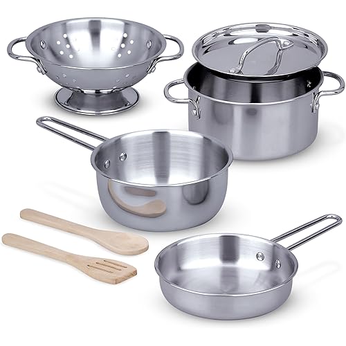 Melissa & Doug Stainless Steel Pots & Pans, 8 Piece Play Kitchen Set, Premium Play Kitchen Accessories & Cooking Utensils, Preschool Toys for Kids 3+