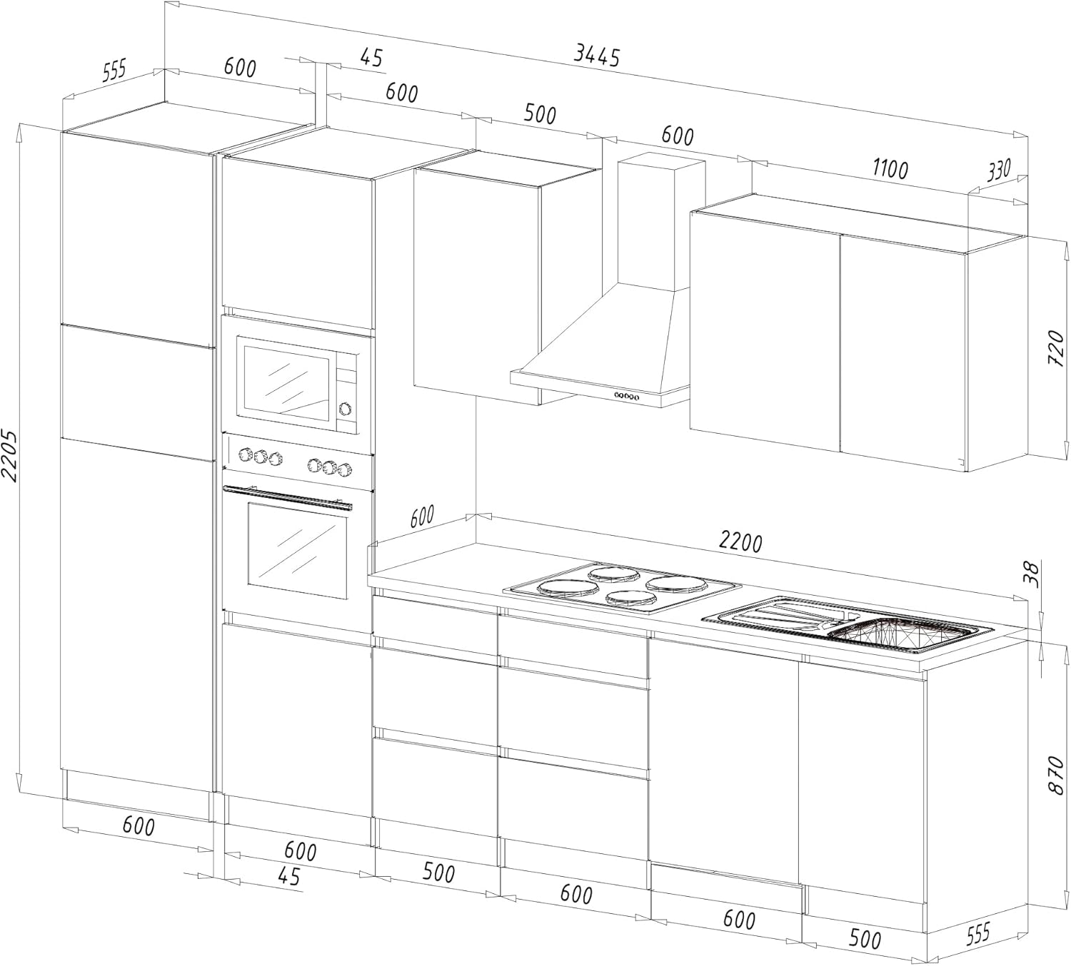 Technical drawing with dimensions of the Respekta Kitchenette