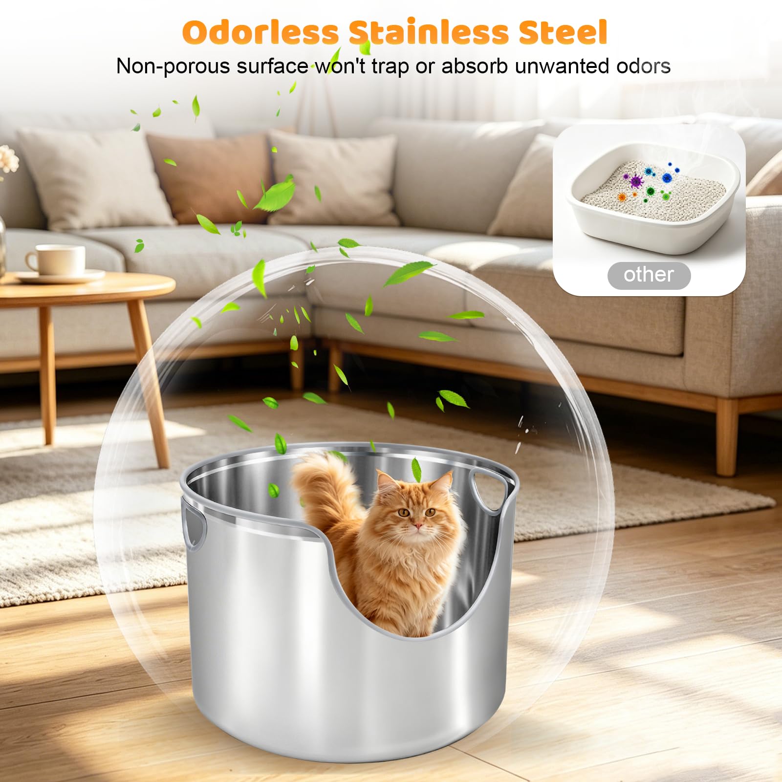Homegroove Caja de arena redonda de acero inoxidable, caja de arena de metal de doble cara alta para gatos grandes, a prueba de fugas y fácil de limpiar, con cuchara de acero inoxidable