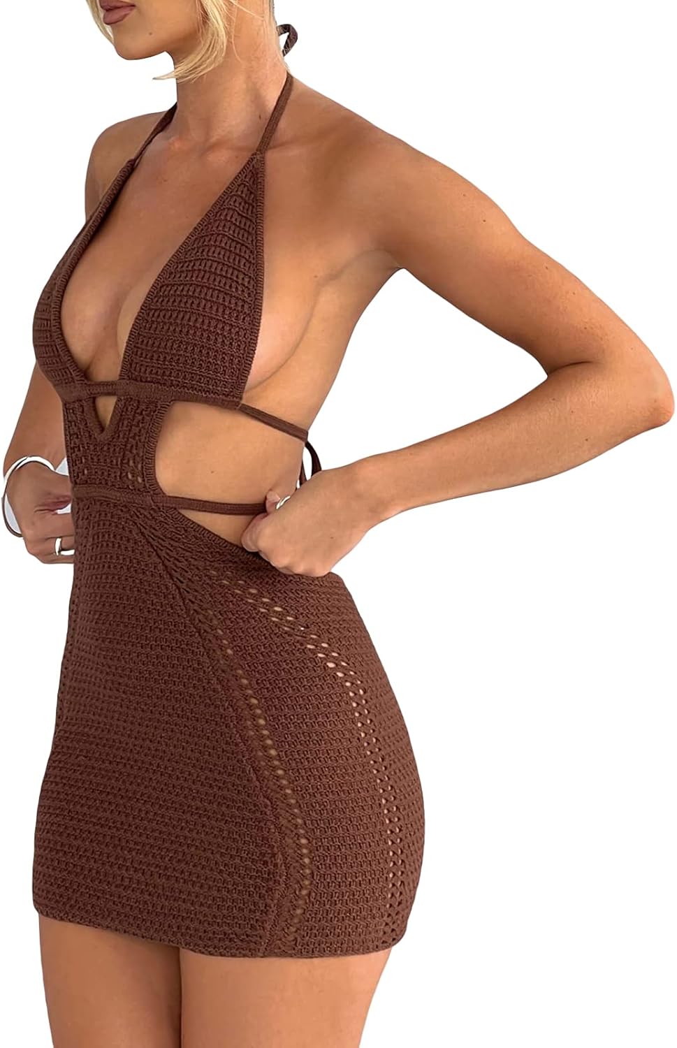Women's Halter Bodycon Mini Dress Sleeveless Tie Backless Hollow Out Corset Knit Wrap Beach Dress Summer 2026