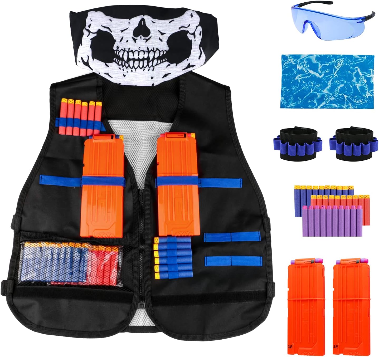 Gafild Tactical Vest Kit, Kids Tactical Vest Jacket for Nerf Guns N-Strike Elite Series with 30Pcs Darts Bullets, 2 Quick Reload Clip, 2 8-Dart Wrist Band, 2 Tactical Mask and Glasses