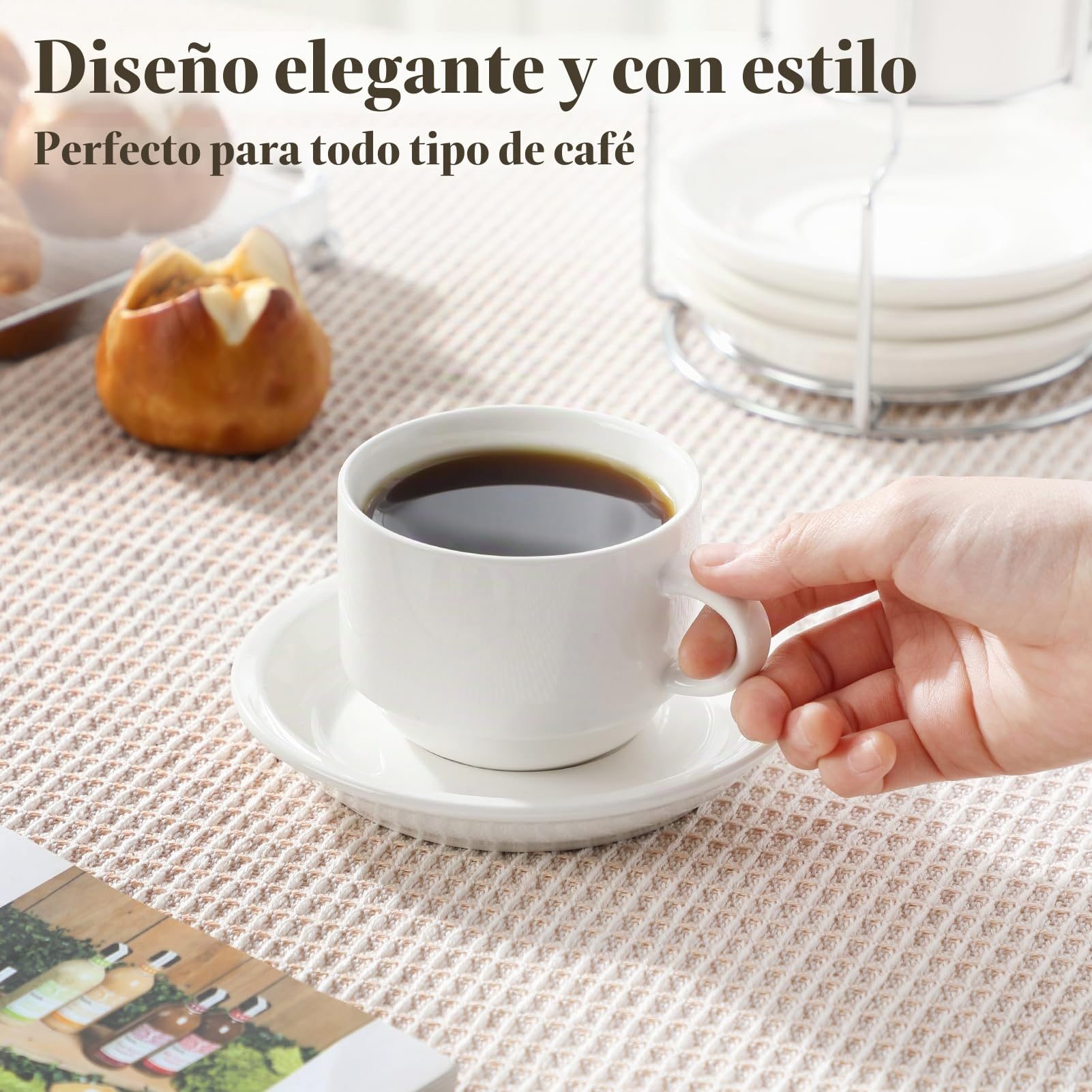 MALACASA Serie REGULAR, Juego de 4 Tazas de Café para 4 Personas, 270 ml, Servicio de Café Apilable con Platillo y Soporte Metálico, Ideal para Espresso, Capuchino, Latte, Moka y Té, Color Blanco