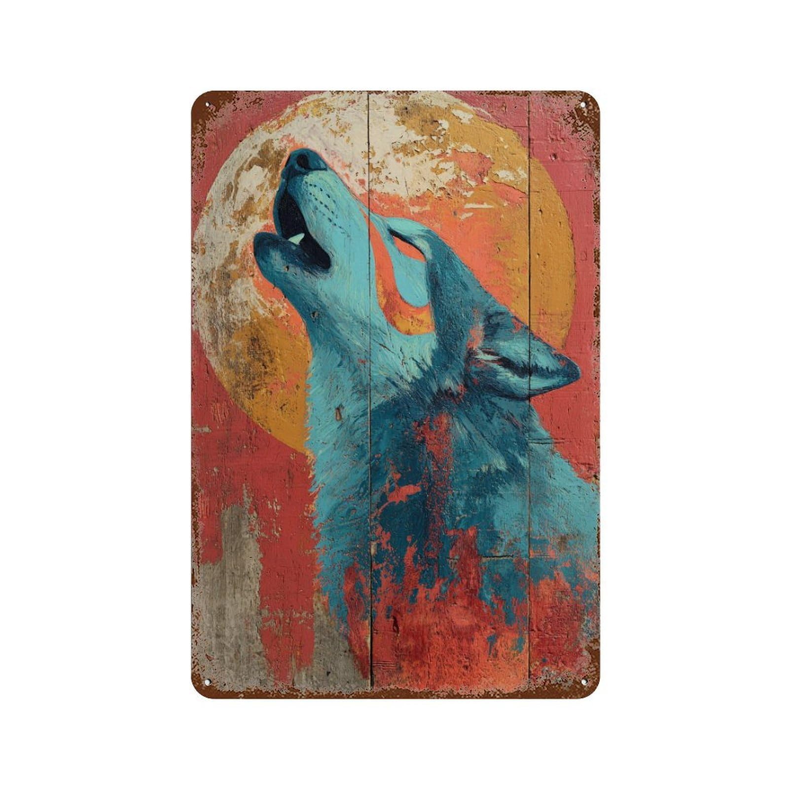 Aged Metal Wall Plaque with Wolf Howling at Moon Art Print-3 Design 11.8"x7.9", for Shed, Workshop And Garage Wall Decor, Decorative Metal Wall Art