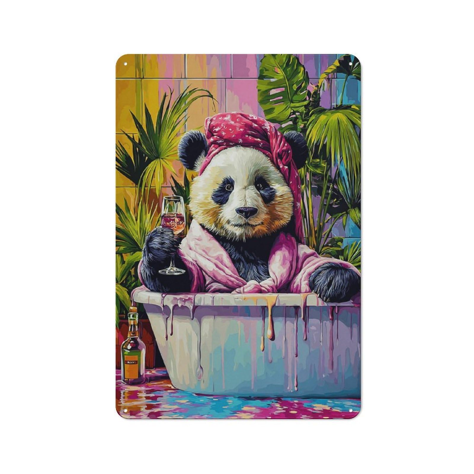 Panda Relaxing in Bathtub with Wine Metal Wall Sign 30x20cm, Retro Decor for Hallway Wall, for Wall Display Collectors