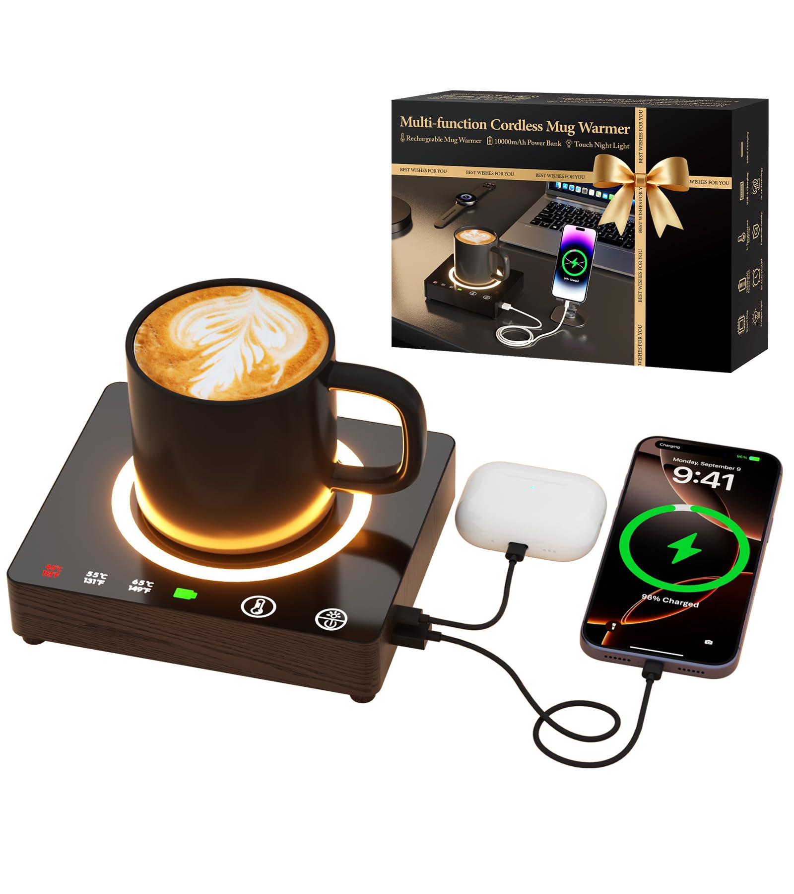 Photo 1 of Mug Warmer, Cordless 180 Min Battery Life, 10000mAh Portable Charger, Wireless Coffee Cup Warmer for Desk, 3 Temp Settings, Smart Candle Heat Plate for Home, Office, Travel, Camping & Gifts for Men