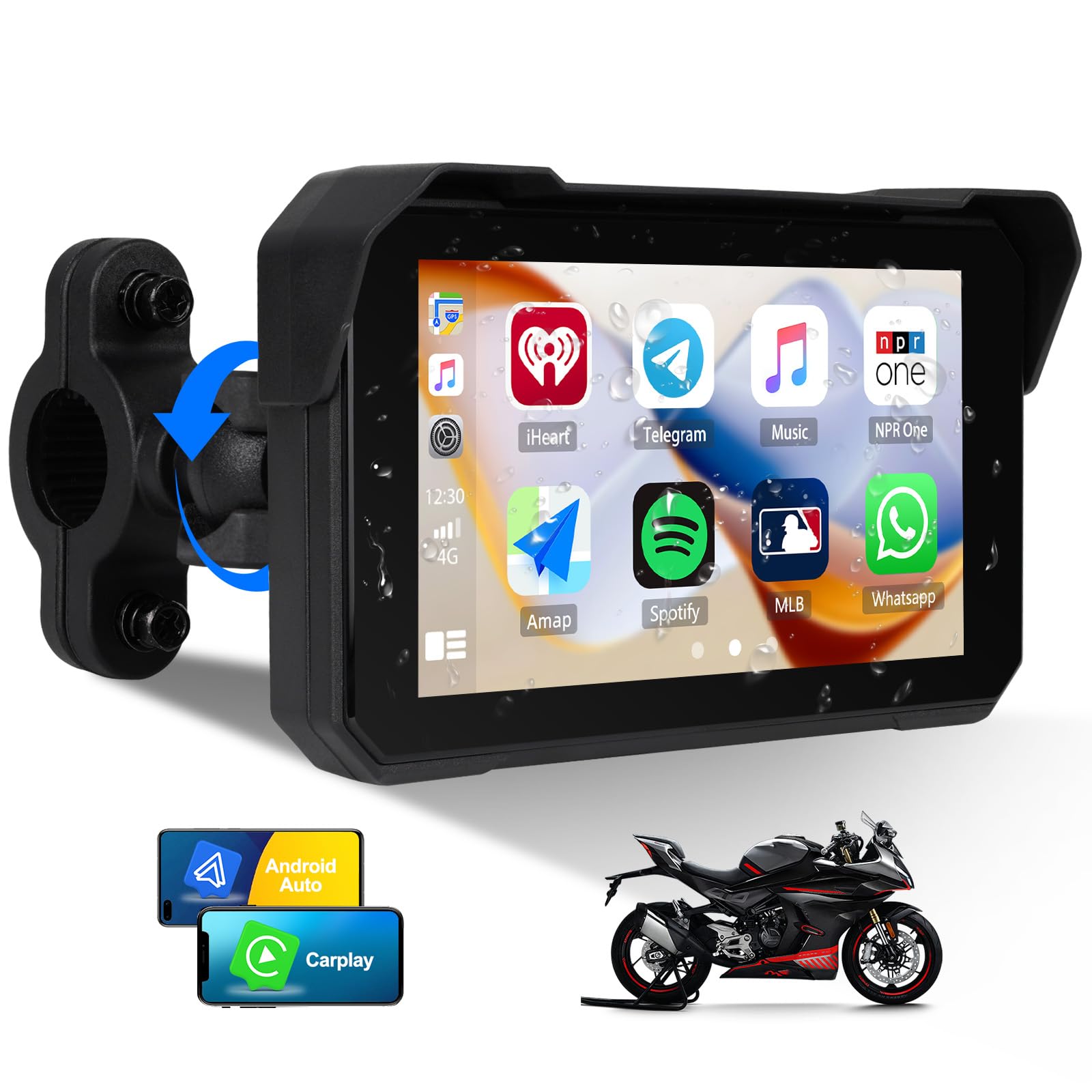 Pantalla GPS CarPlay para moto con reproducción inalámbrica y Android Auto, pantalla táctil portátil impermeable de 5 pulgadas Pantalla GPS CarPlay para motocicleta con soporte Bluetooth + sistema de