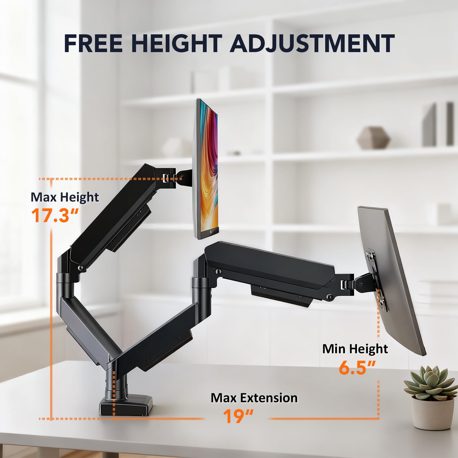 Hemudu Bras de Moniteur Double à Ressort Pneumatique, Support Double de Moniteur pour Bureau Réglable (jusqu'à 9kg) pour Écrans de 17 à 32 Pouces, Compatible avec VESA 75/100 mm, avec Écrou à C