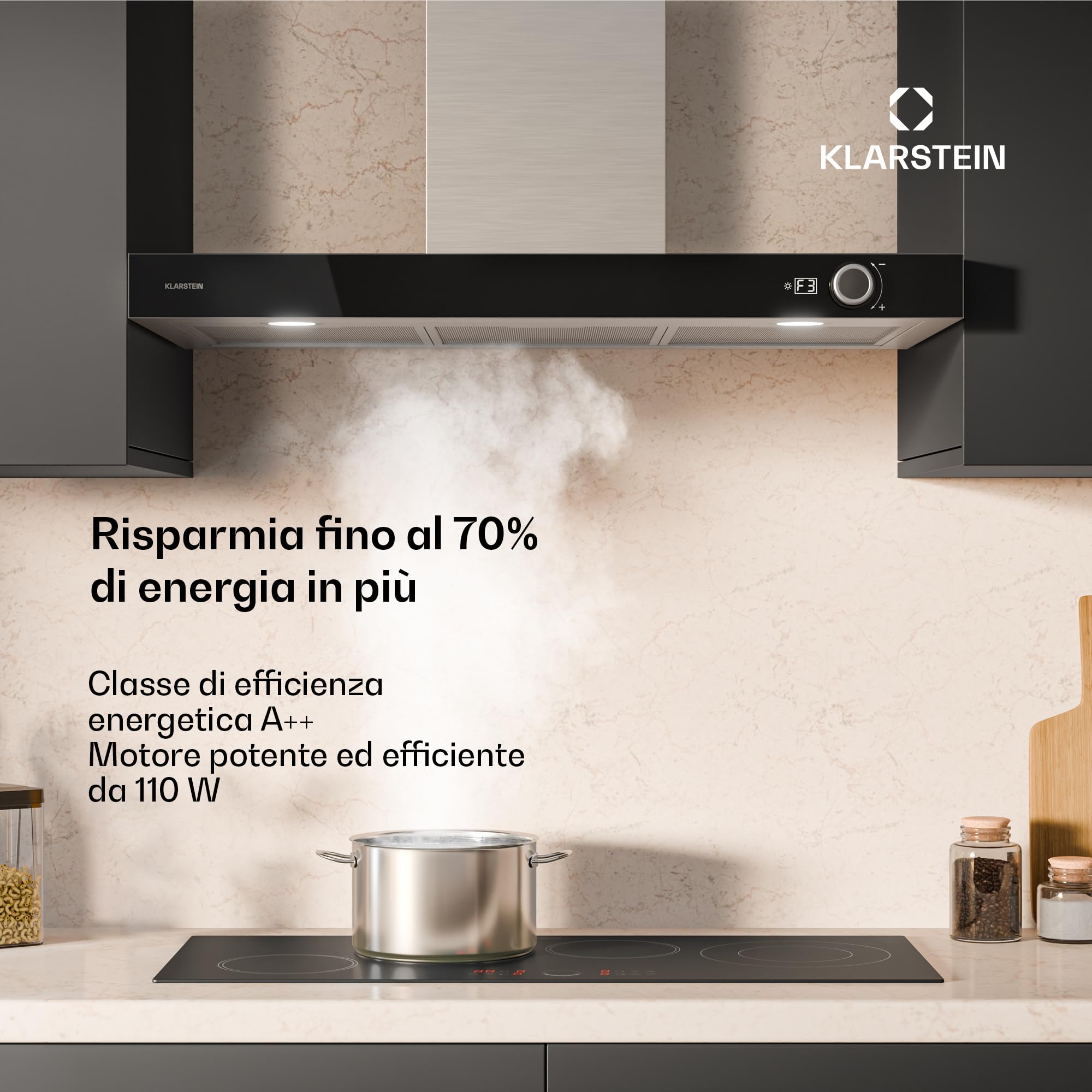 Klarstein AirNova - Cappa da Cucina da 90cm, Cappa Aspirante a Parete, 620 m³/ora, Efficienza Energetica A++, LED: 6500K, Silenziosa: 49 dB, Acciaio Inox, Ricircolo & Scarico
