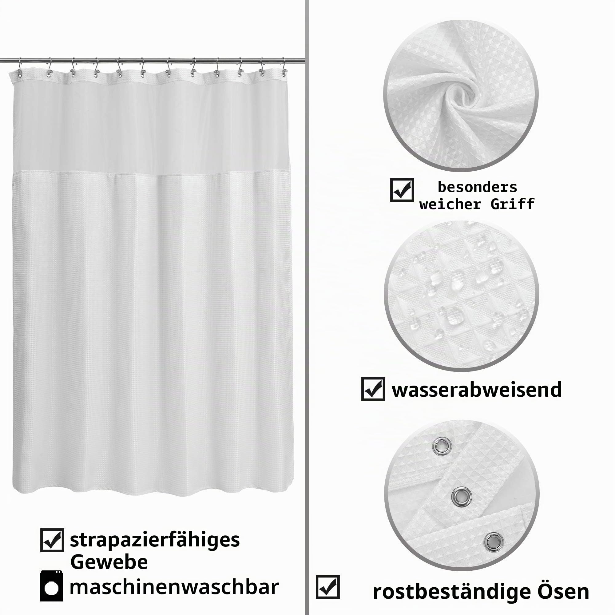 ALYVIA SPRING Duschvorhang mit Waffelgewebe, abnehmbarem Stoff-Liner und Haken-Set Hotel-Stil und durchsichtiges Fenster, doppellagig und maschinenwaschbar für einfache Reinigung, 180 x 183 cm, Weiß