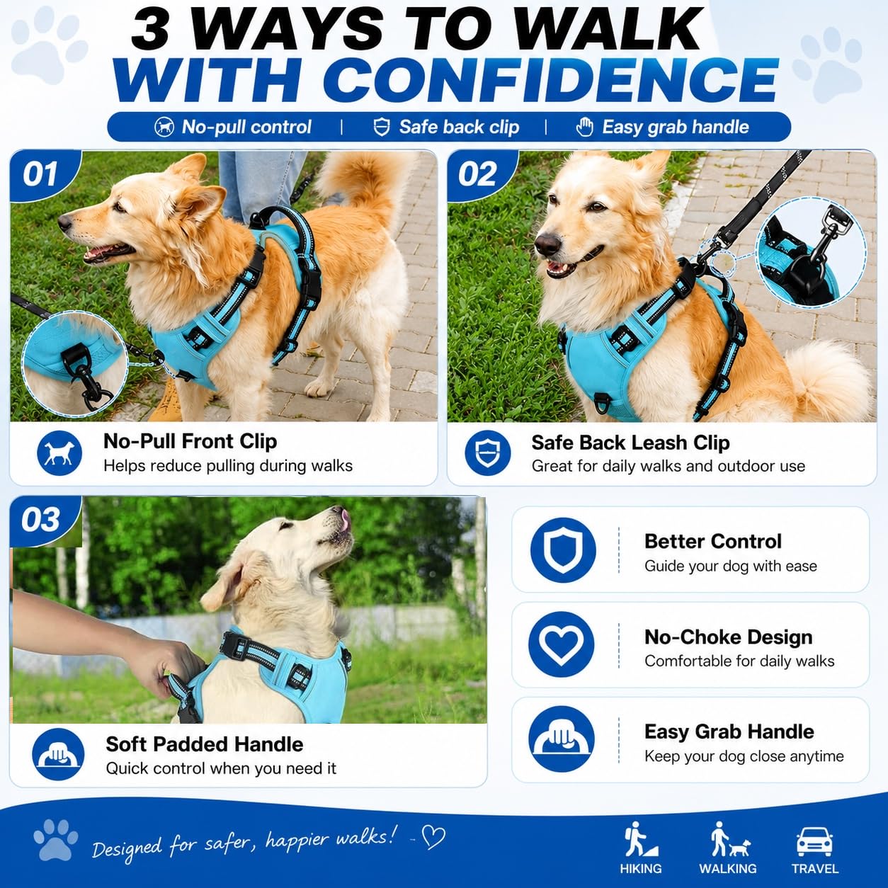 Arnés Reflectante cómodo para Perros pequeños a Grandes, sin tirones, con asa Delantera y Trasera, asa de fácil Control, Ajustable, Suave, Acolchado, para Perros pequeños a Grandes (L, Negro)