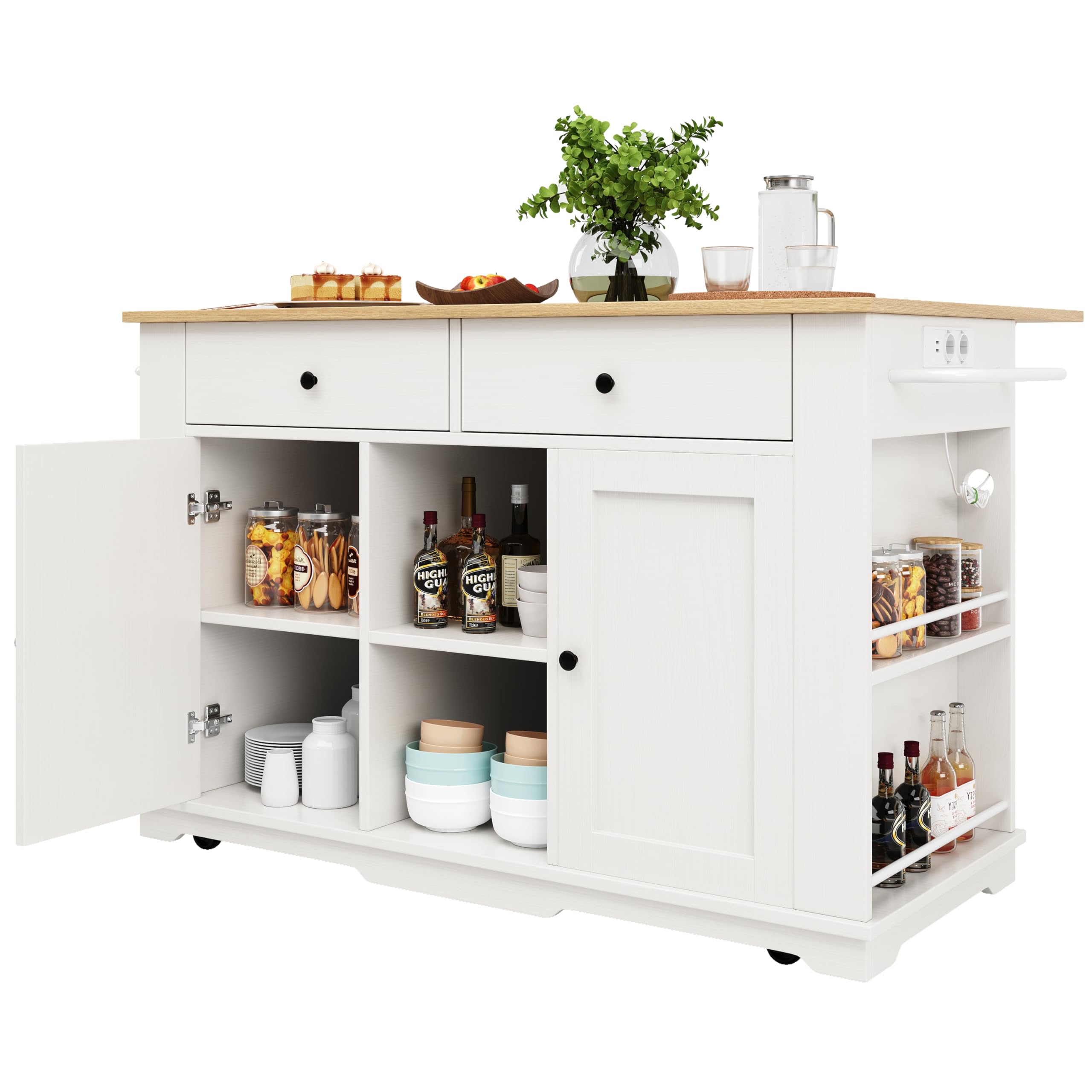 Merax Isla de cocina con encimera, carrito de cocina móvil equipado con regleta, armario buffet con 2 puertas, 2 cajones, estante para especias, toallero, 151,5 x 84,7 x 91,7 cm, color blanco