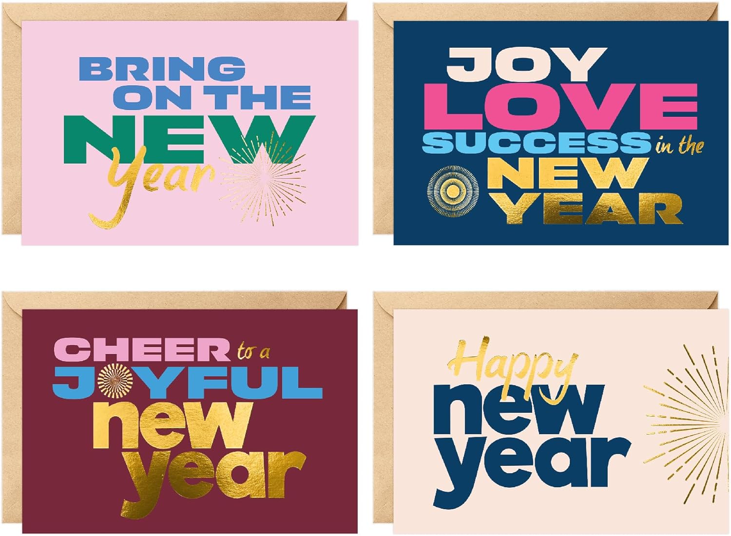 easykart labels 100 Happy New Year Cards Boxed Set With Envelopes and Gold Seal Stickers - 6.75" x 4.5" Assorted New Years Greeting Card Set 2024 With Messages Inside