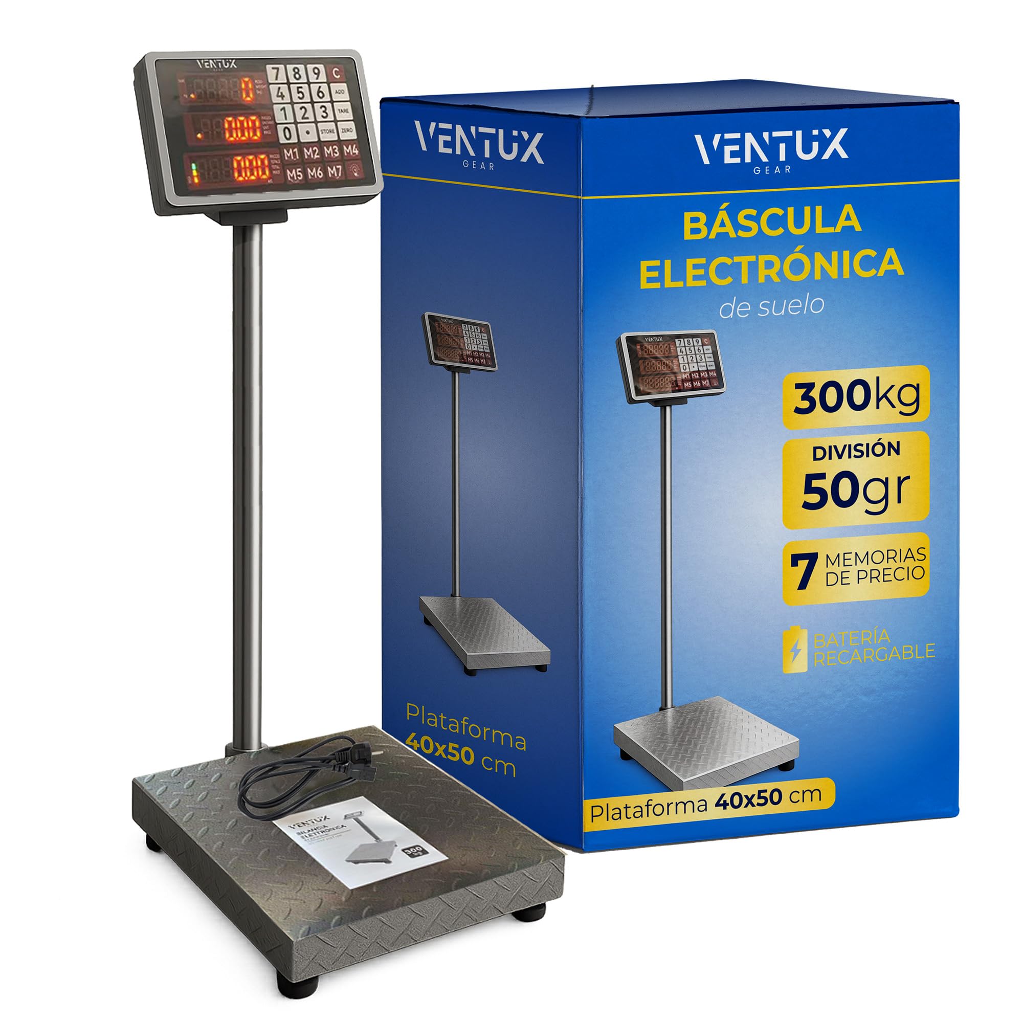 Báscula electrónica de suelo 300 kg | división 50 g | pantalla lcd | memoria para 7 precios | batería recargable y corriente | plataforma antideslizante | báscula industrial y comercial