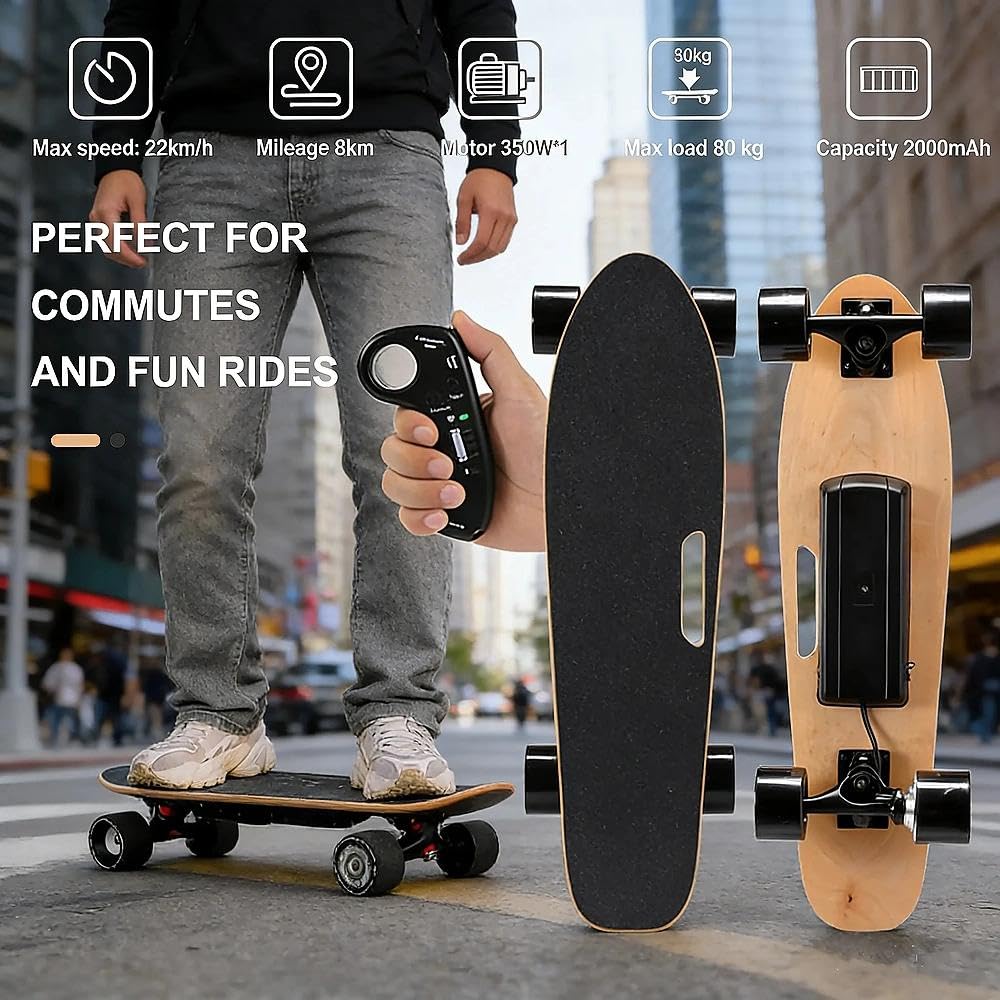 Skate Électrique avec Plateaux de Skateboard, Moteur 350W, Batterie 2000mAh, Vitesse Max 22km/h, Autonomie 8km, Léger pour Commutes Quotidiennes Brushless Télécommande Autonomie