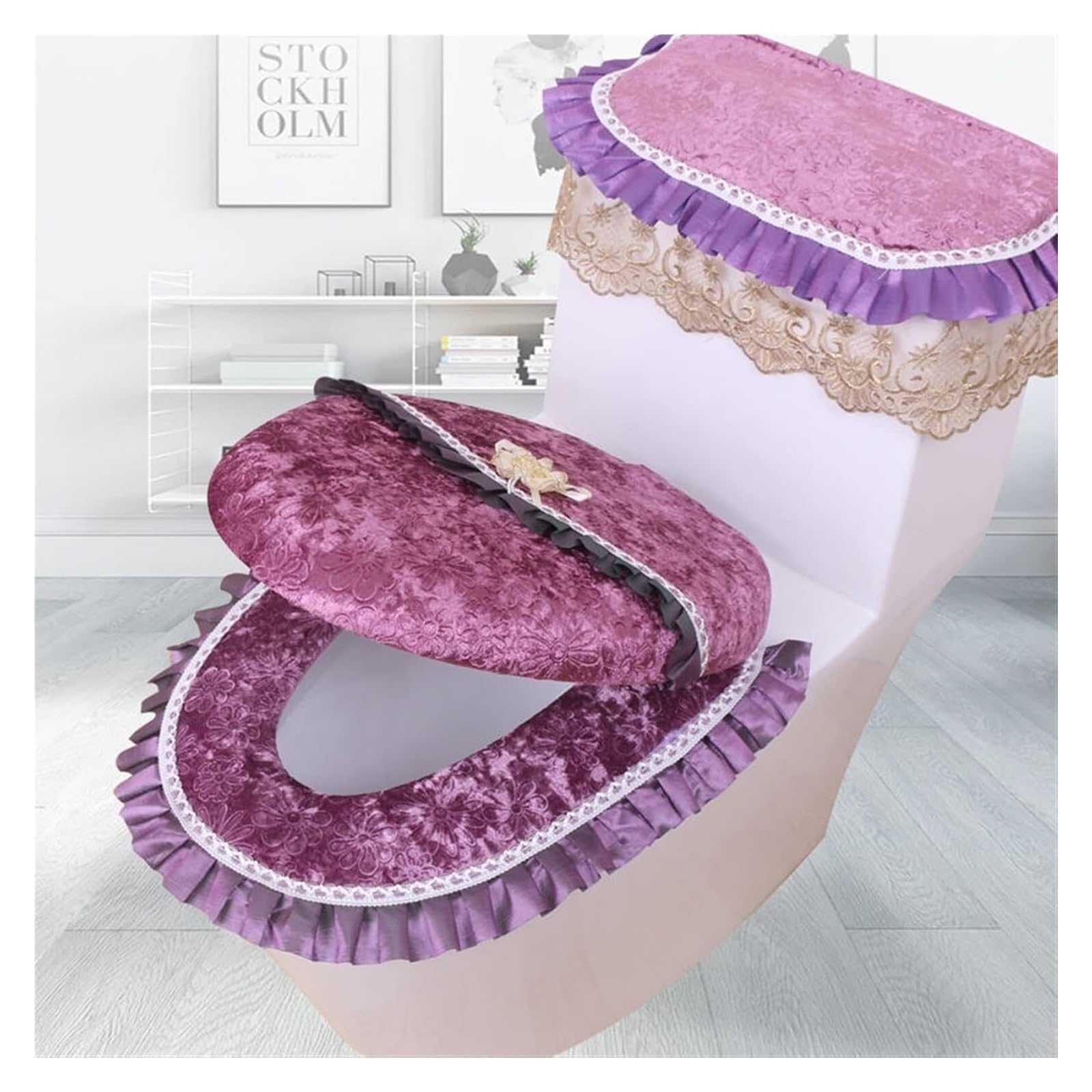 OPFdfhDFH Toilet seat covers, toilet seat cushion,Plush Toilet Lid Cover Case with Lace Seat Covers Warm Soft Bathroom Cushion Mat Universal(Purple)