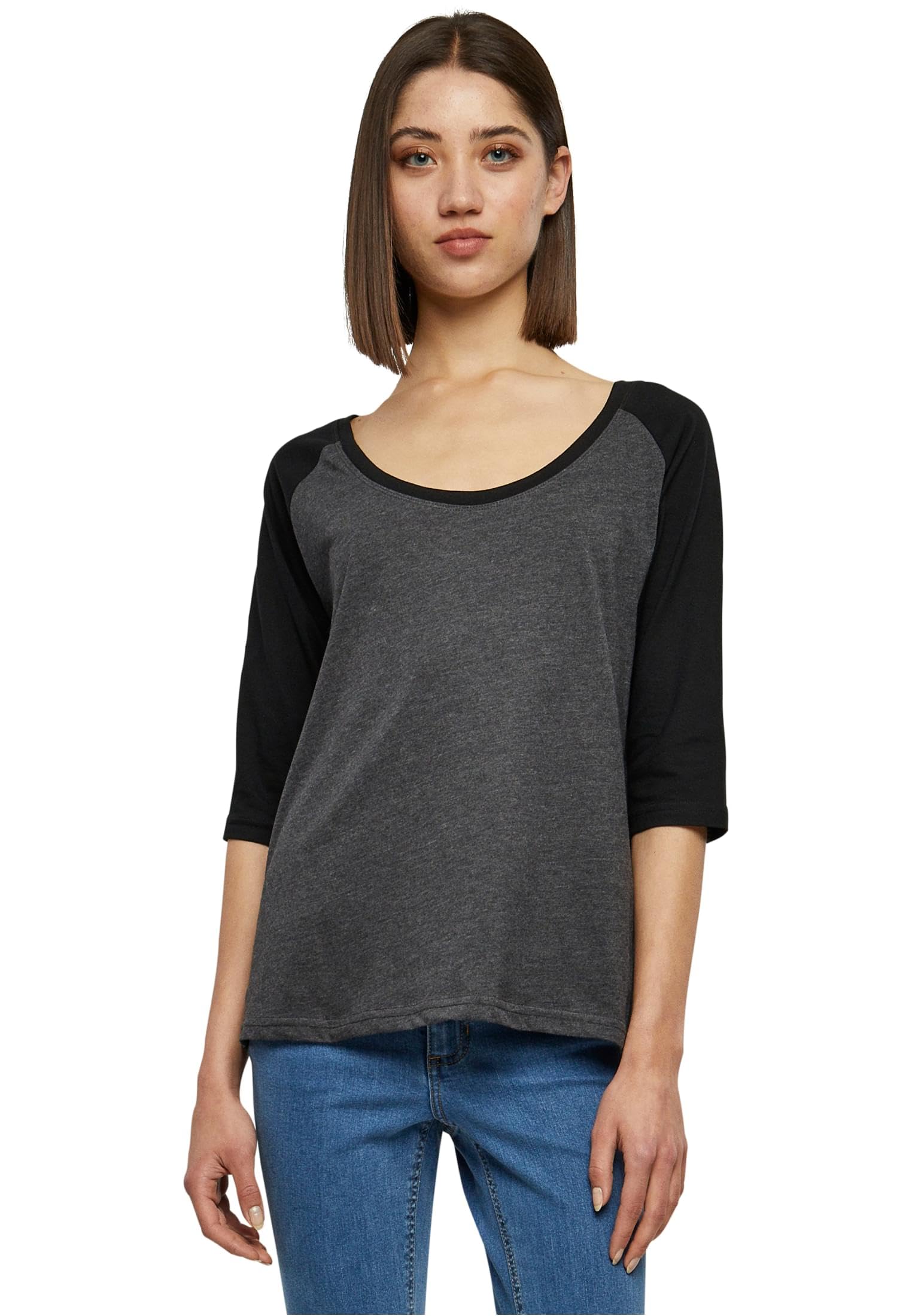 Urban Classics Women's Ladies 3/4 Contrast Raglan Tee T-Shirt, Charcoal/Black, XXL