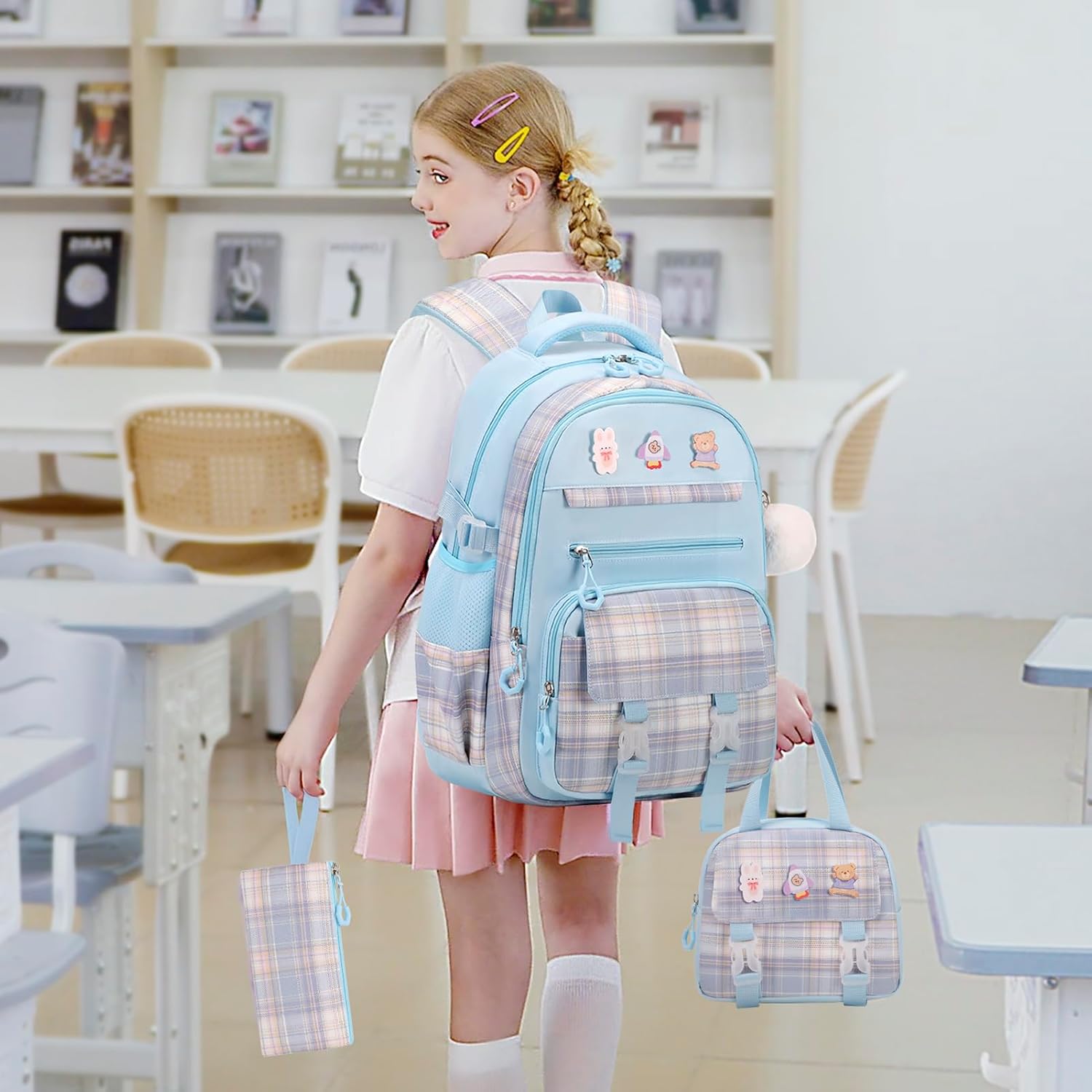 3PCS School Backpack for Girls, Girls Backpack with Lunch Box, Pencil Case, Cute Kawaii Plaid Book Bag for Teen Girl Kindergarten Elementary Preschool Middle High School, Blue