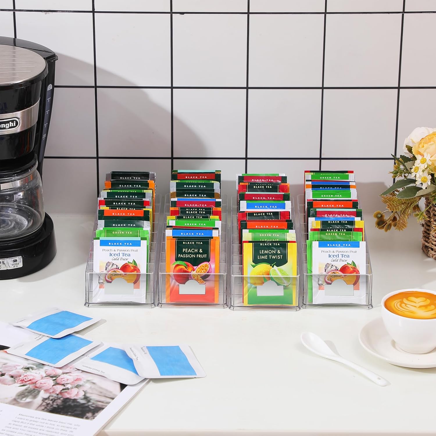 Cinnvoice 4 Pcs Tea Bag Storage Acrylic Clear Tea Drawer Organizer for Drawers, Kitchen, Cabinets, Pantry, Countertops Tea Organizer