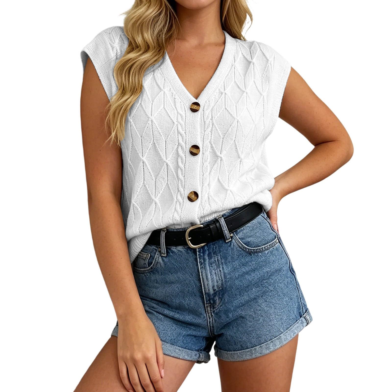 Pull-over manches courtes gilet maille cardigan boutonné - 8