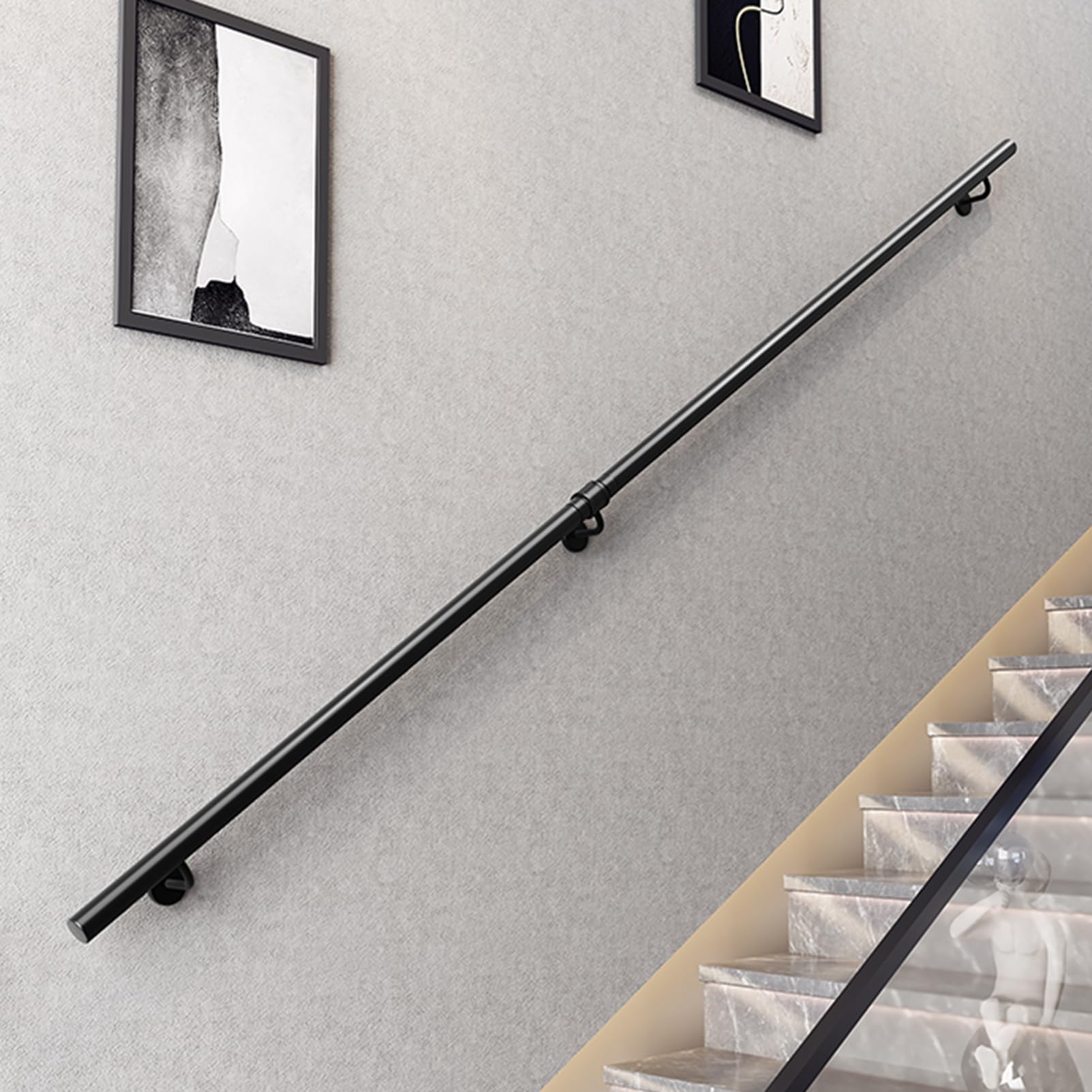 Handlauf für Treppen Schwarz Treppengeländer Innen Außen Industrielle Metall Treppenhandlauf Geländer Handläufe Rutschfester Handlauf mit Rutschfestem Wandhandlauf für Garten (110CM)
