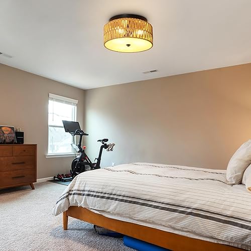 Miniatura 6 de Lámpara de techo de ratán tejida a mano, 12.6 pulgadas, estilo bohemio, 3 luces, tambor de bambú, lámpara de techo retro moderna de mimbre para