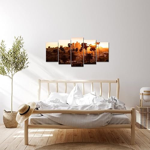 Miniatura 3 de KREATIVE ARTS Arte de pared de Los Ángeles, 5 paneles, hermoso atardecer a través de la palmera, horizonte de Los Ángeles, impresión en lienzo para