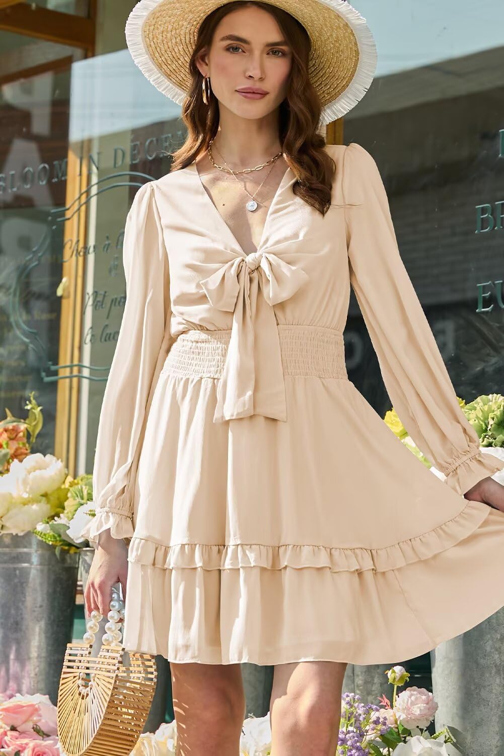 Dokotoo Wedding Guest Dresses for Women Fall Ruffle Elegant Long Sleeve Empire Waist Tie Knot Cute Chiffon Boho Beach Bohemian Swing A Line Mini Short Skater Dresses for Women Apricot US 8 10 - Image 5