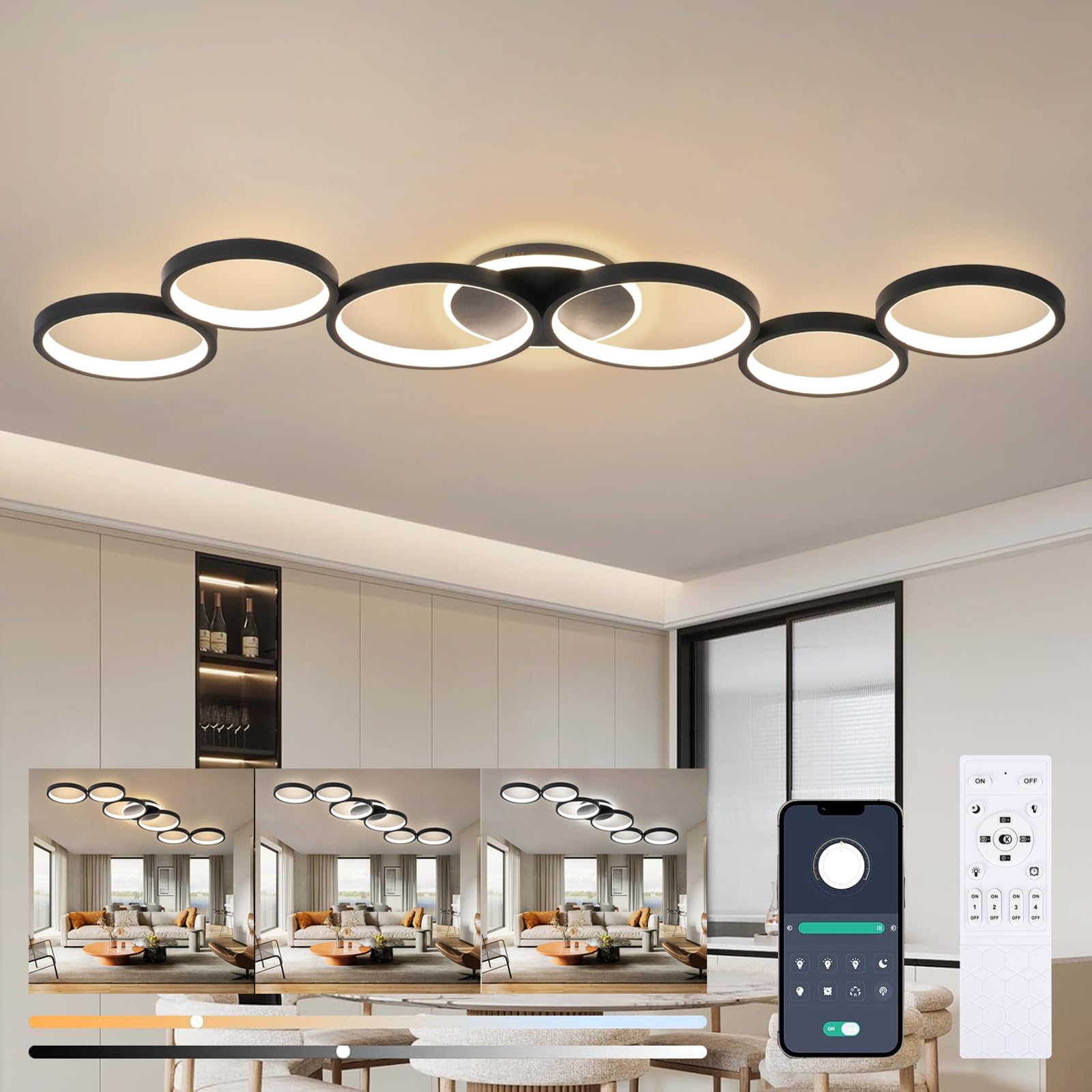 LED Deckenleuchte Dimmbar Wohnzimmer Deckenlampe Schwarz Wohnzimmerlampe Schlafzimmerlampe Fernsteuerung und App Steuerung, Modern 6-Rund Ring Deckenbeleuchtung mit Memory Funktion, L113cm/69W