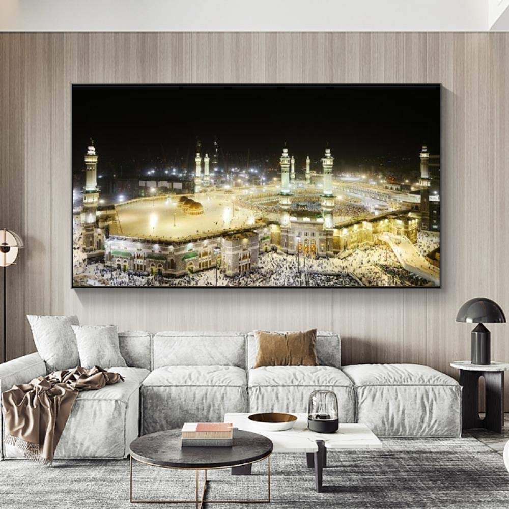 GLWDMB Mecca Mosque City Night View Canvas paintings on The Wall Islamic art posters and prints Muslim art decorative pictures - Framed, 1 Piece