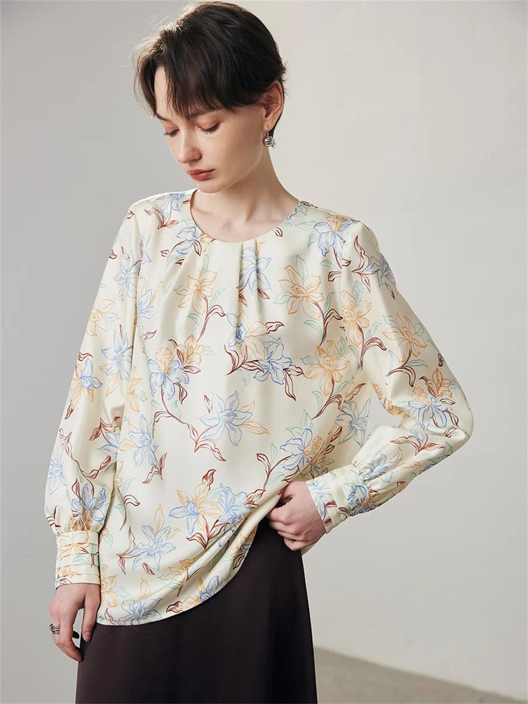 Blusas florales para mujer, 100% seda real, cuello redondo, manga larga, elegante