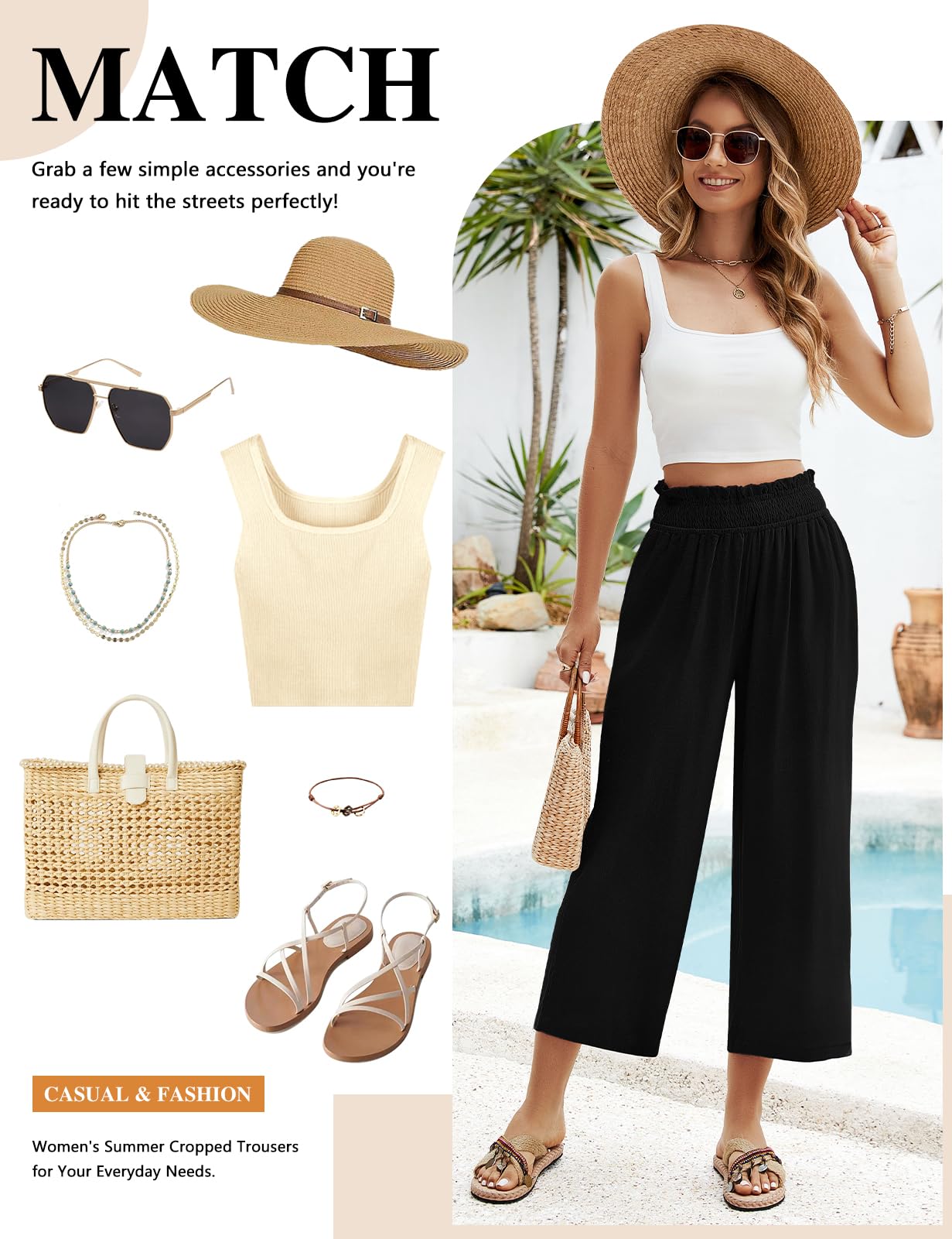 Pantalones Lino Mujer 3/4 Verano Anchos Algodón Alta Cintura Elásticos con Bolsillos