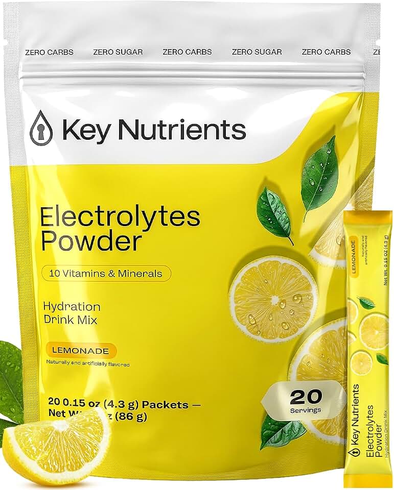 KEY NUTRIENTS Electrolytes Powder Packets - Multivitamin Lemonade 20 Pack Hydration Packets - Travel Hydration Powder - Improved Refreshing Taste - Made in USA - No Sugar, No Calories, Gluten Free