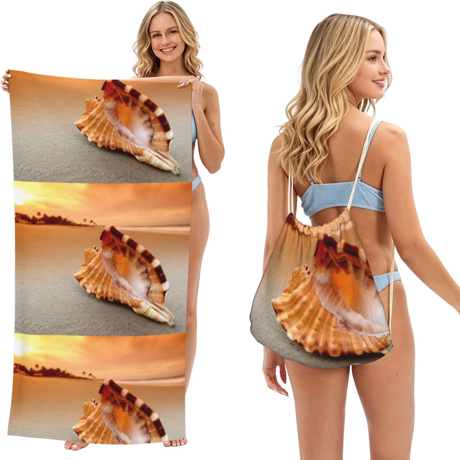 Poadnly As Picture Sunset Over The Sea The Shell Conch, 2 In 1 Packable Towel Bag, Beach Towels With Drawstring Backpack For Travel Holiday Camping