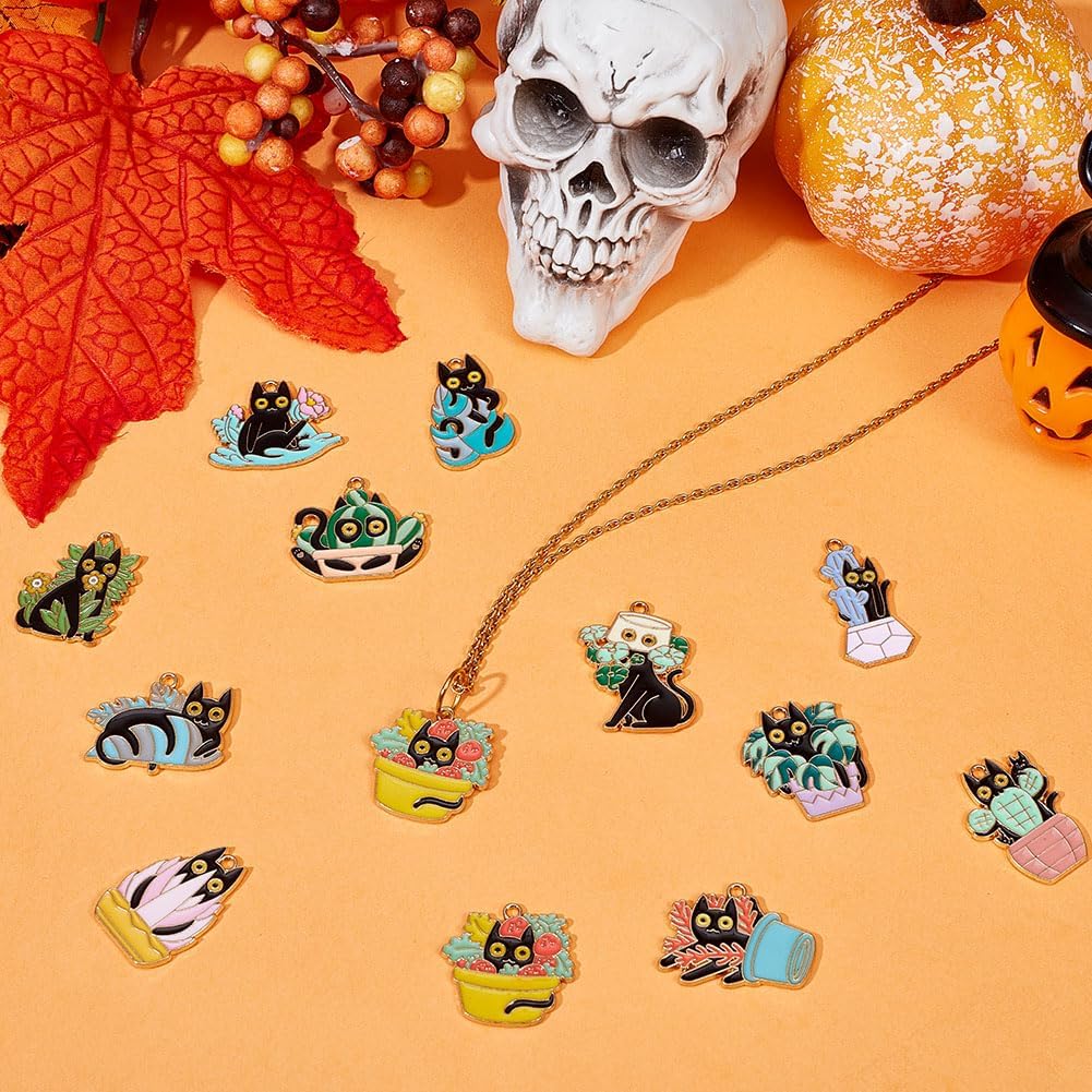 48Pcs 12 Style Alloy Enamel Halloween Cat Charms Cute Cat Charms Mixed Color Small Enamel Dangle Kitty Charm Bulk for Halloween DIY Necklace Bracelet Earring Jewelry Craft Decoration - Image 5